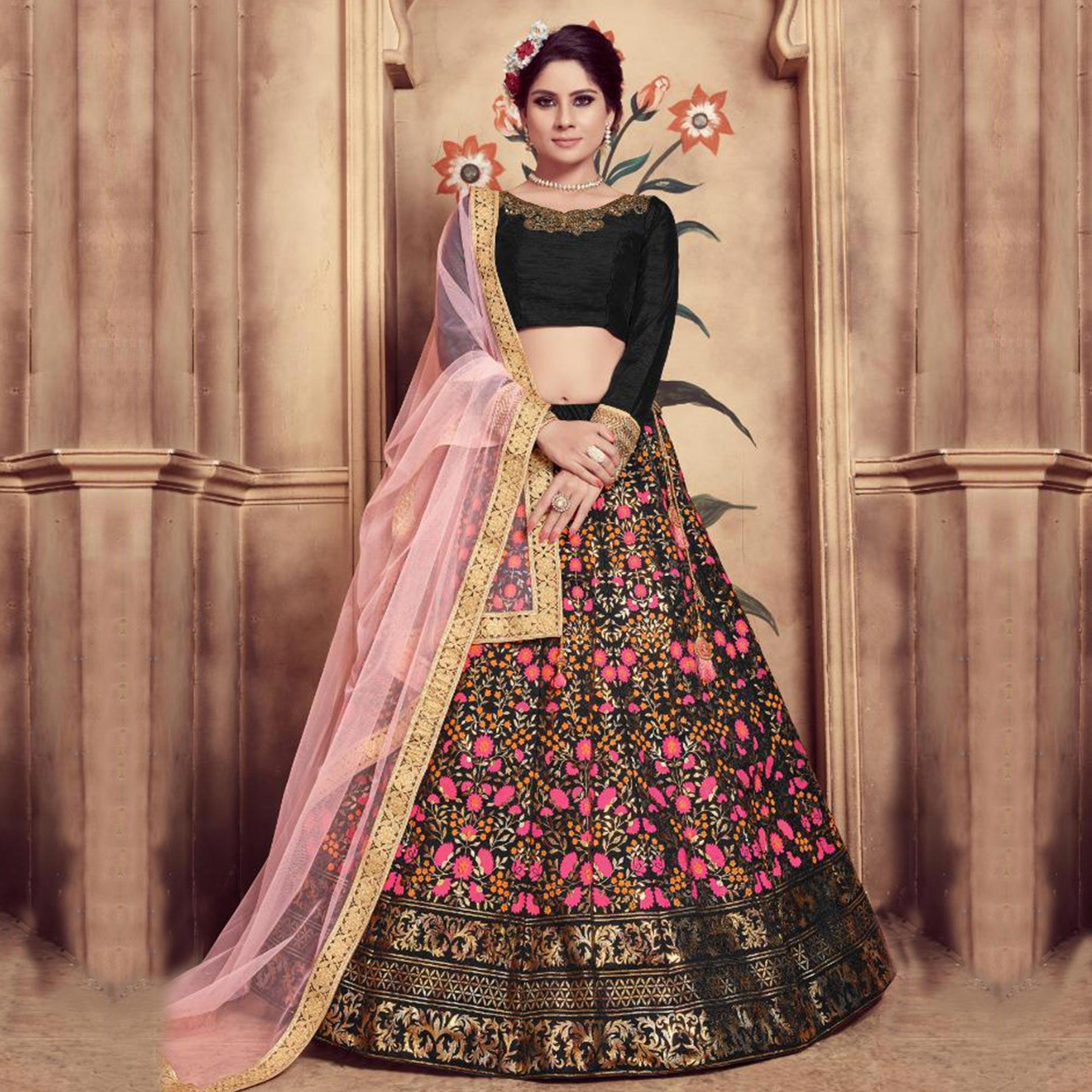 Mesmerising Black Colored Party Wear Embroidered Silk Lehenga Choli - Peachmode