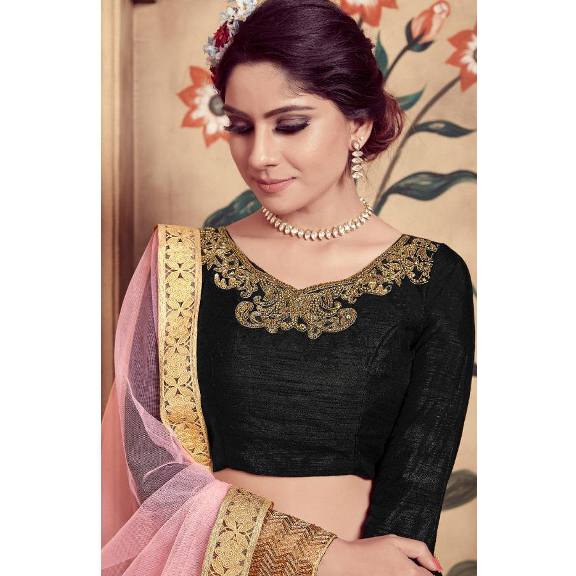 Mesmerising Black Colored Party Wear Embroidered Silk Lehenga Choli - Peachmode