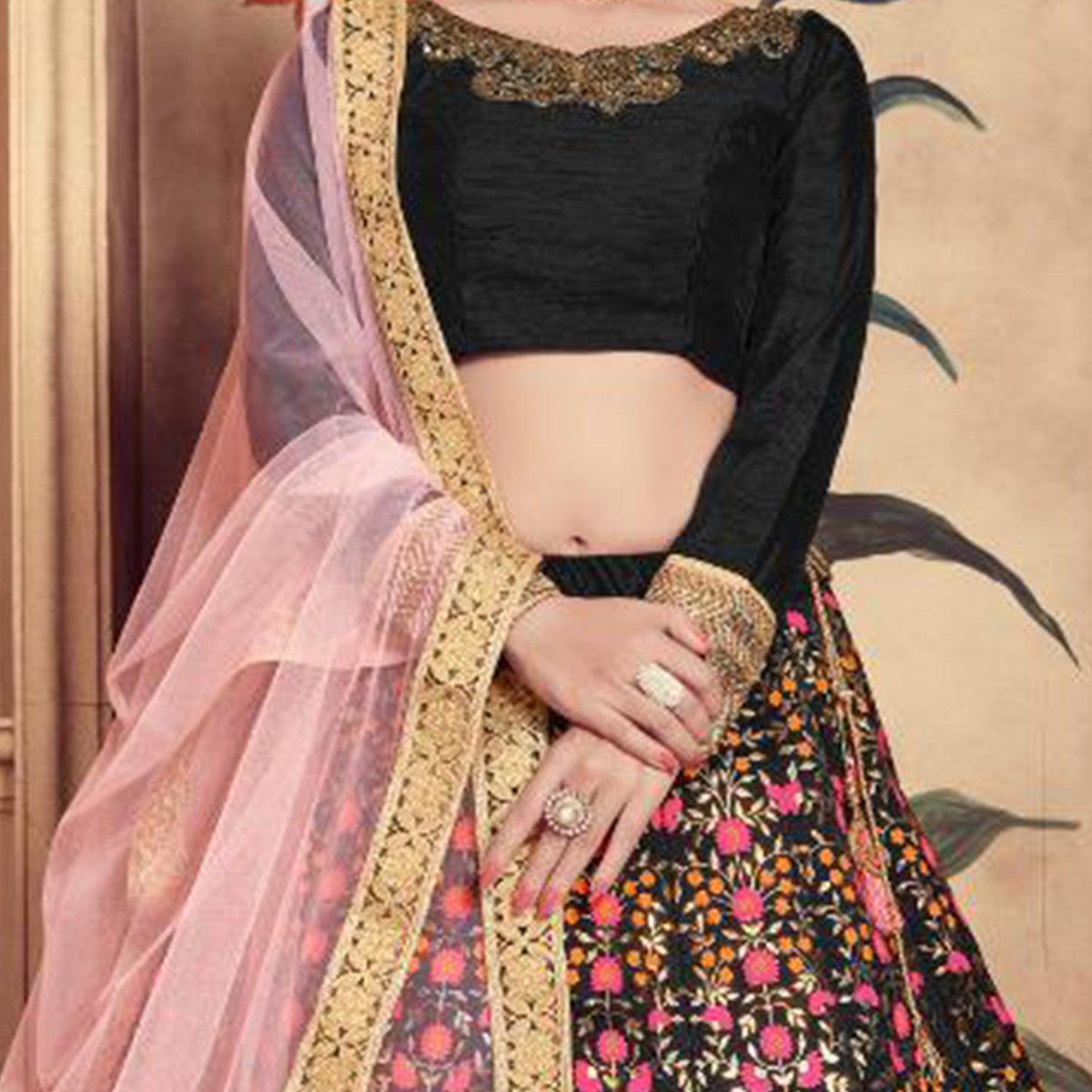 Mesmerising Black Colored Party Wear Embroidered Silk Lehenga Choli - Peachmode