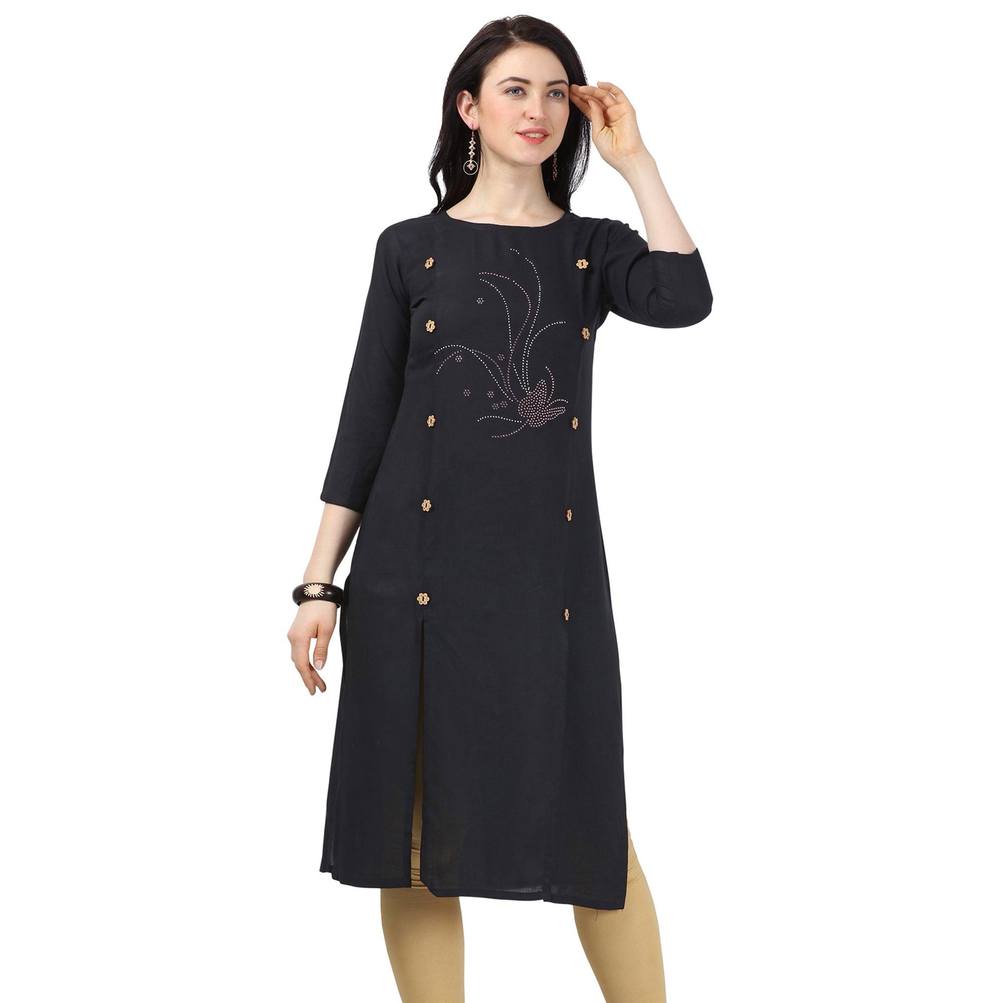 Mesmerising Black Colored Partywear Embellished Rayon Kurti - Peachmode