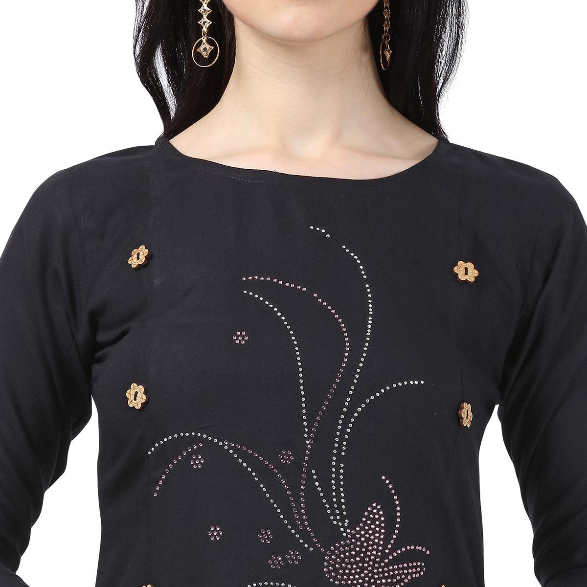 Mesmerising Black Colored Partywear Embellished Rayon Kurti - Peachmode