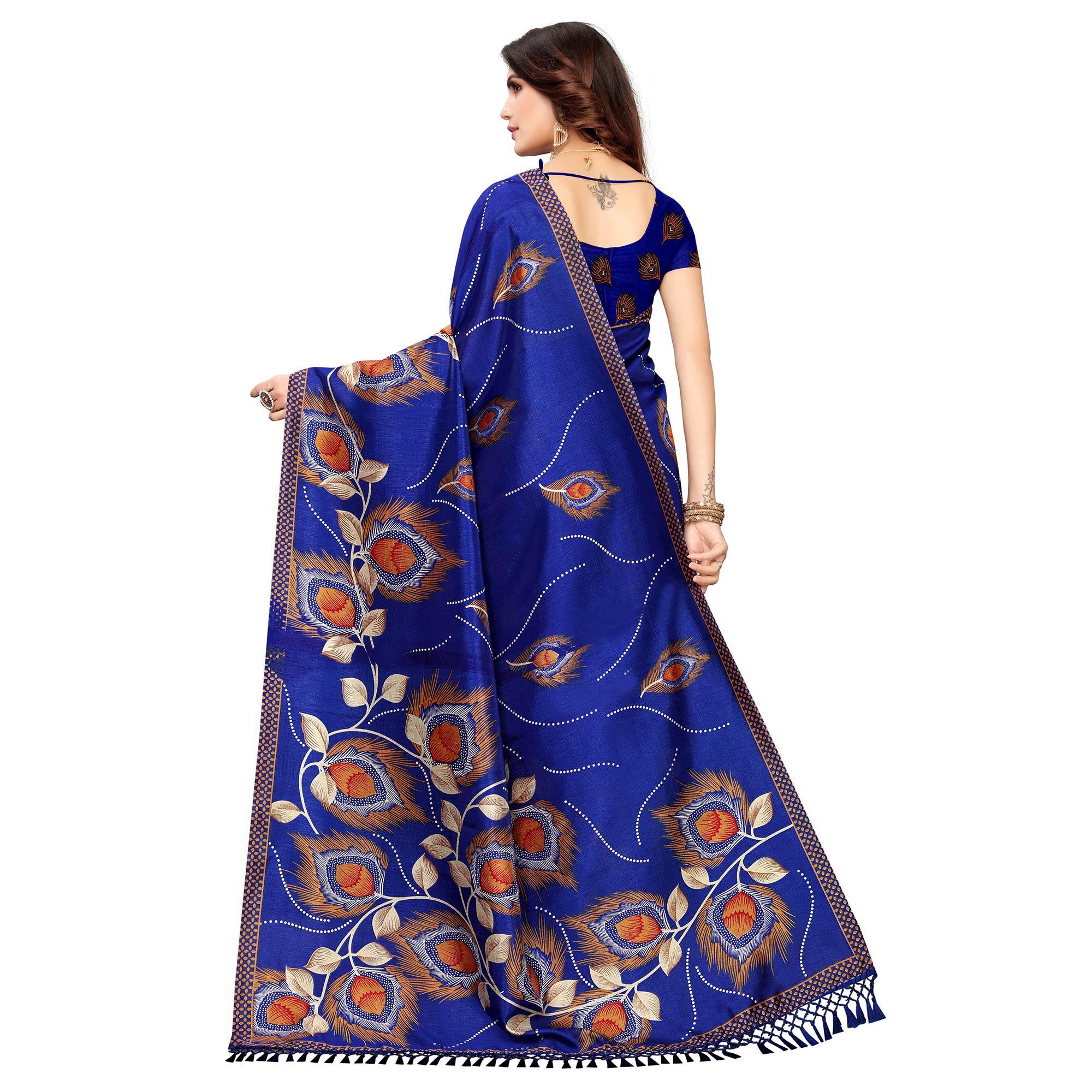 Mesmerising Blue Colored Festive Wear Printed Art Silk Saree - Peachmode