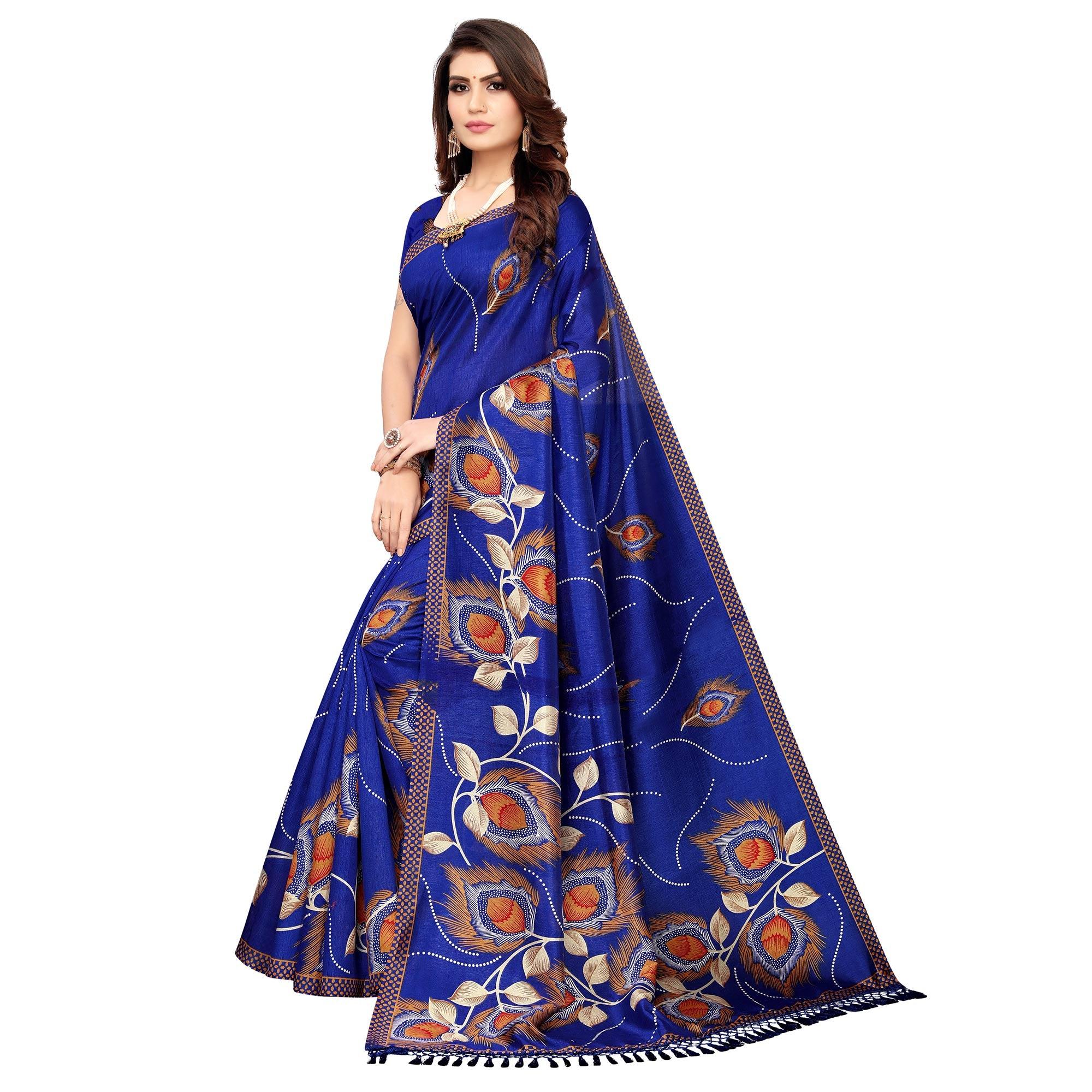 Mesmerising Blue Colored Festive Wear Printed Art Silk Saree - Peachmode