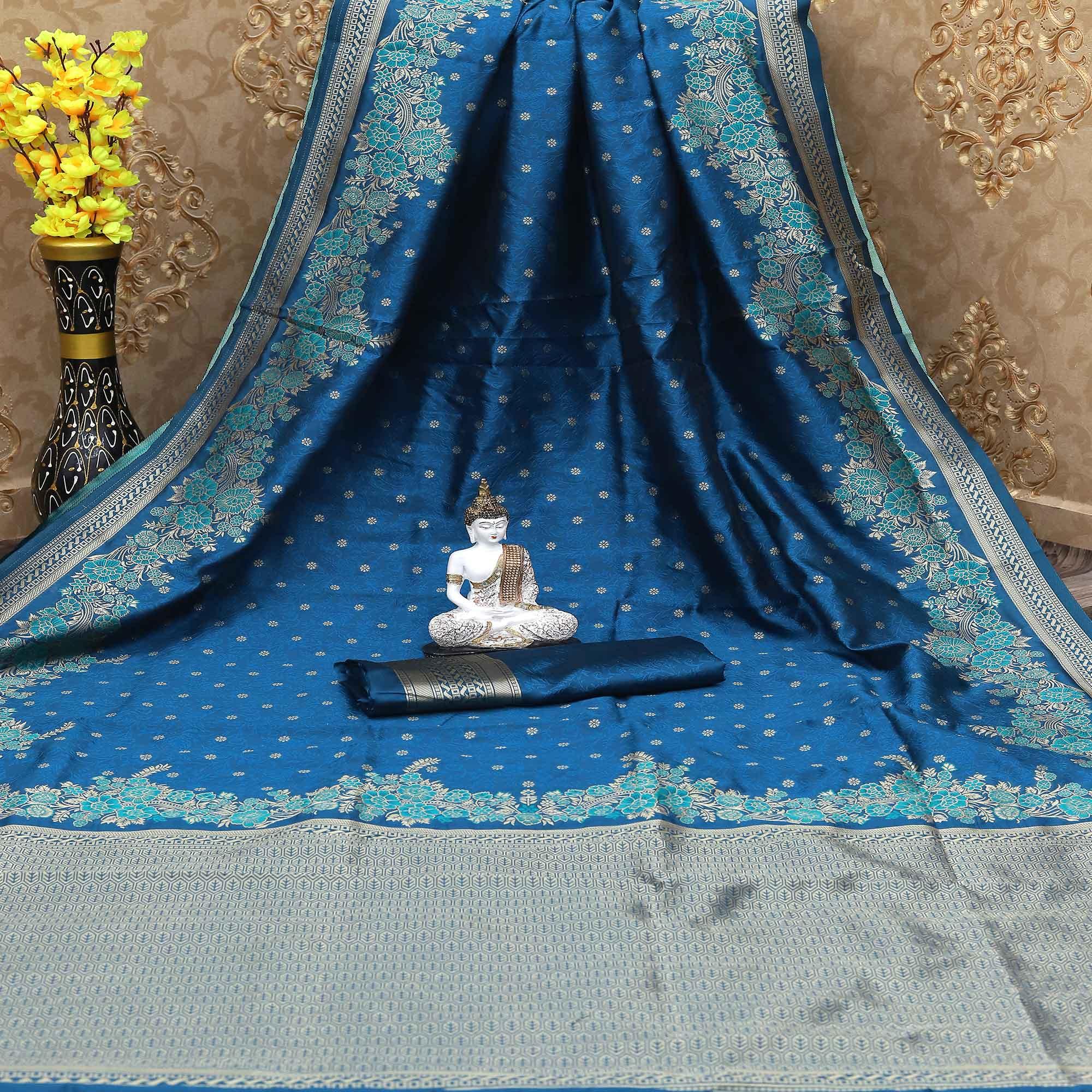 Mesmerising Blue Colored Festive Wear Woven Banarasi Art Silk Saree - Peachmode