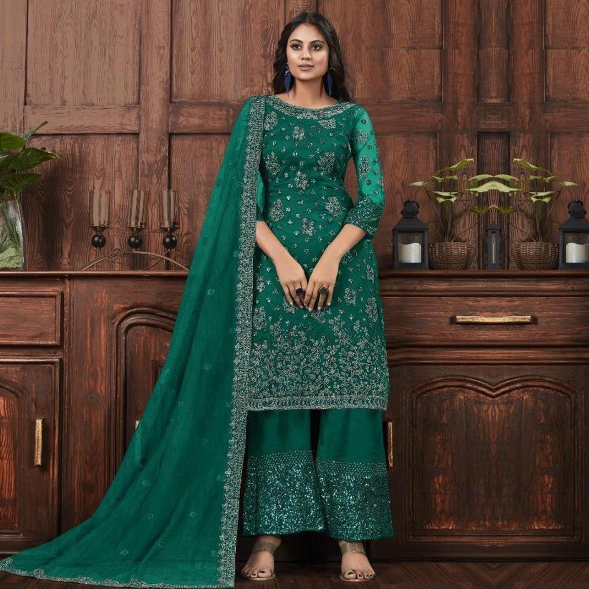 Mesmerising Bottle Green Colored Partywear Embroidered Net Palazzo Suit - Peachmode