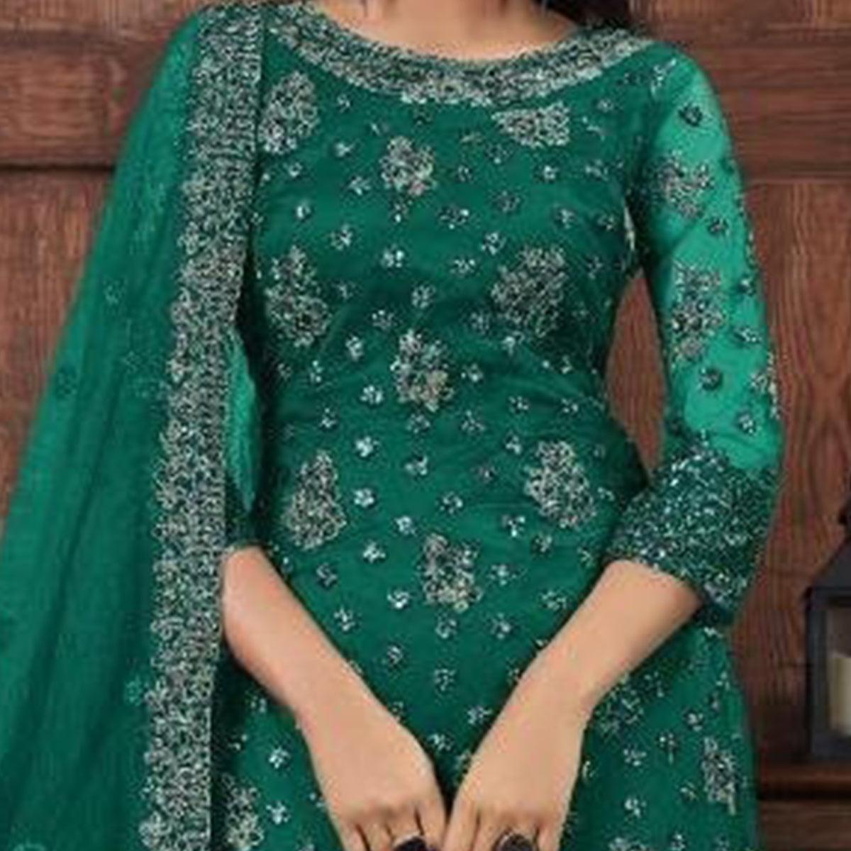Mesmerising Bottle Green Colored Partywear Embroidered Net Palazzo Suit - Peachmode