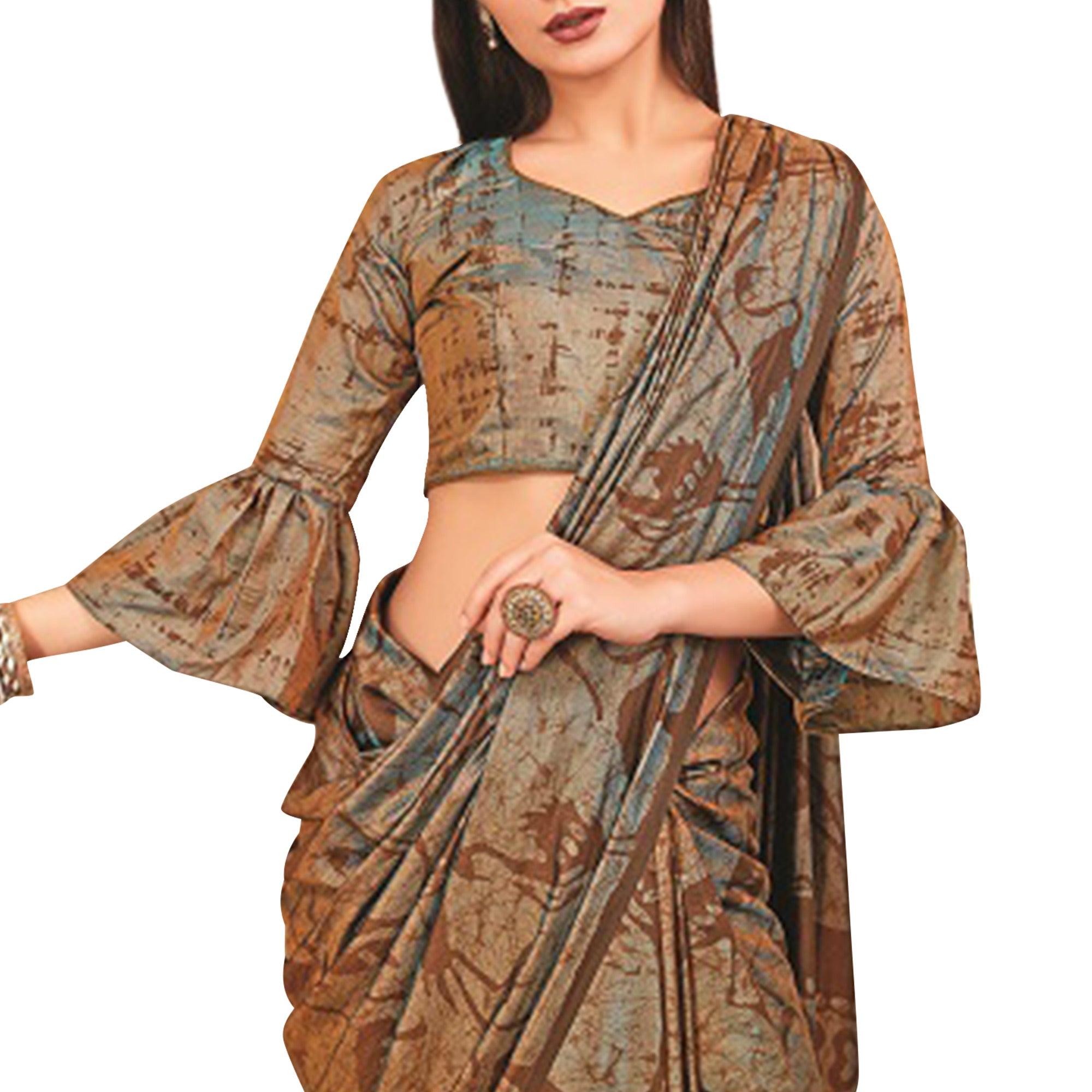 Mesmerising Brown Colored Casual Printed Art Silk Saree - Peachmode