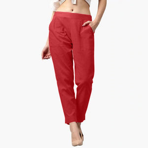 Mesmerising Coral Red Colored Casual Wear Cotton Pant - Peachmode