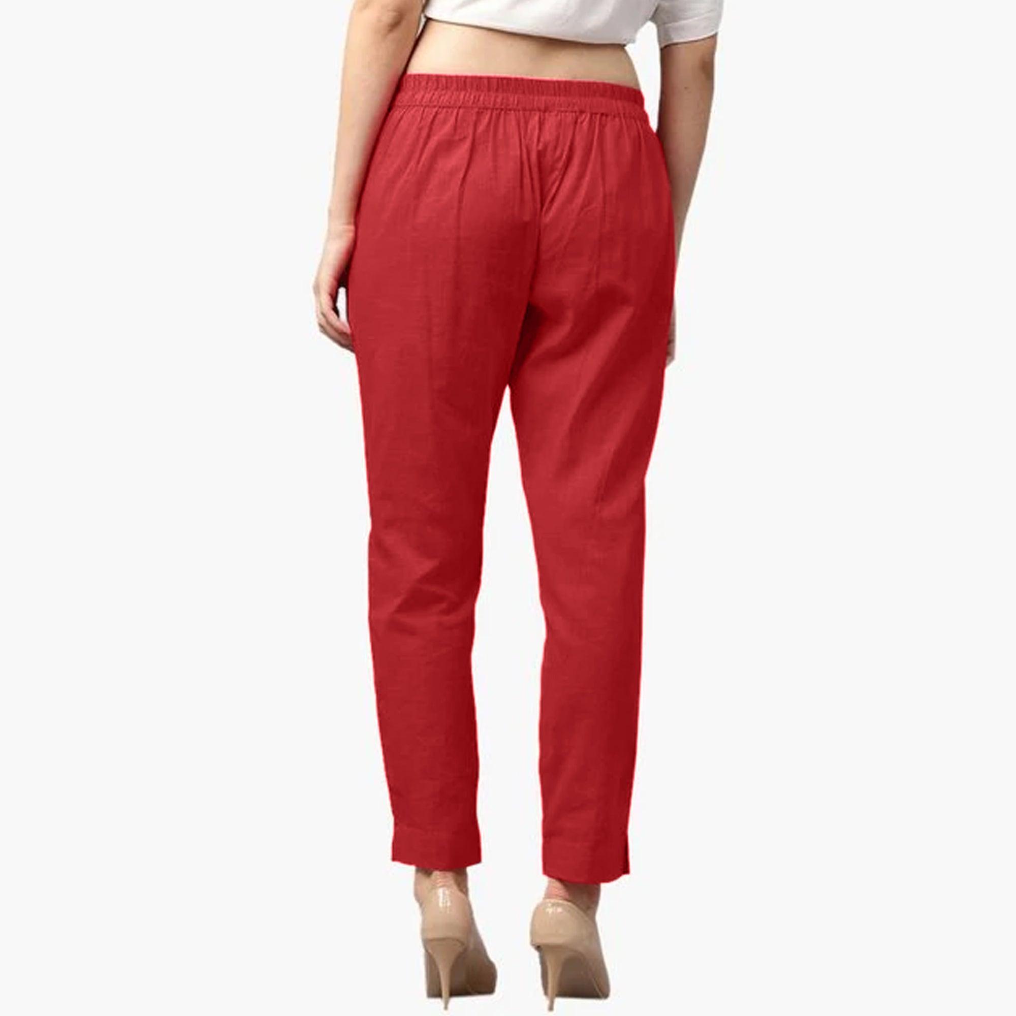 Mesmerising Coral Red Colored Casual Wear Cotton Pant - Peachmode