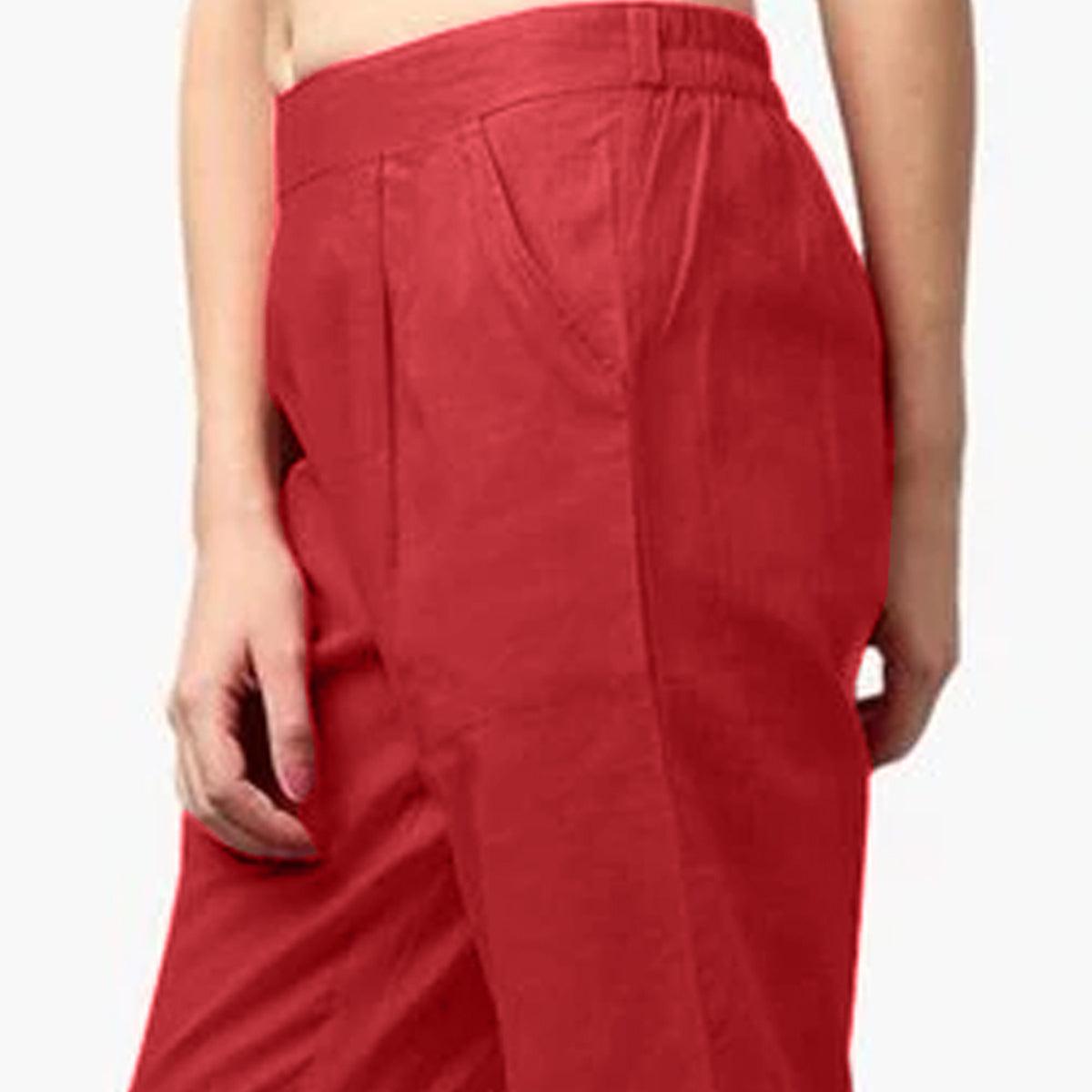Mesmerising Coral Red Colored Casual Wear Cotton Pant - Peachmode