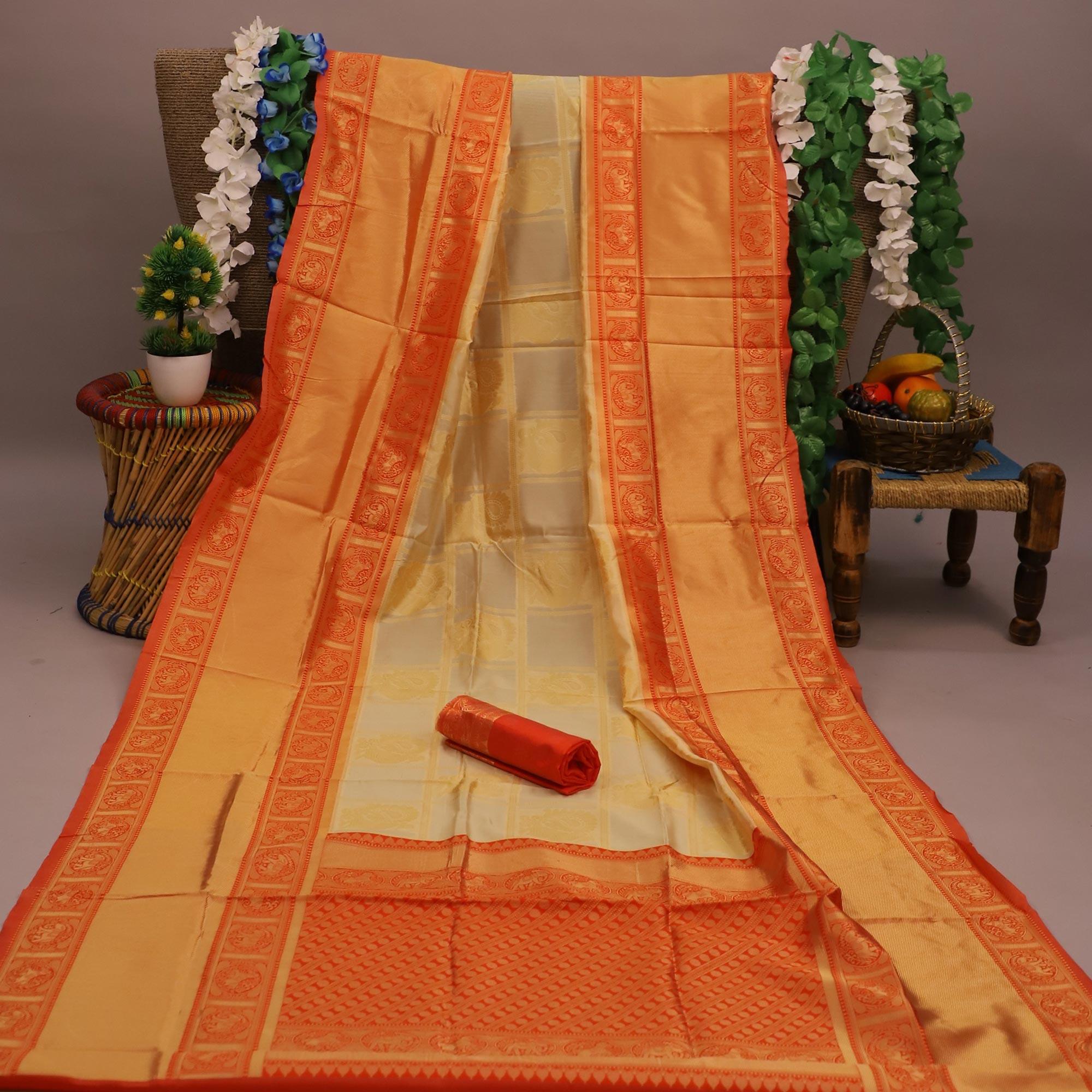 Mesmerising Cream Colored Festive Wear Woven Soft Silk Saree - Peachmode