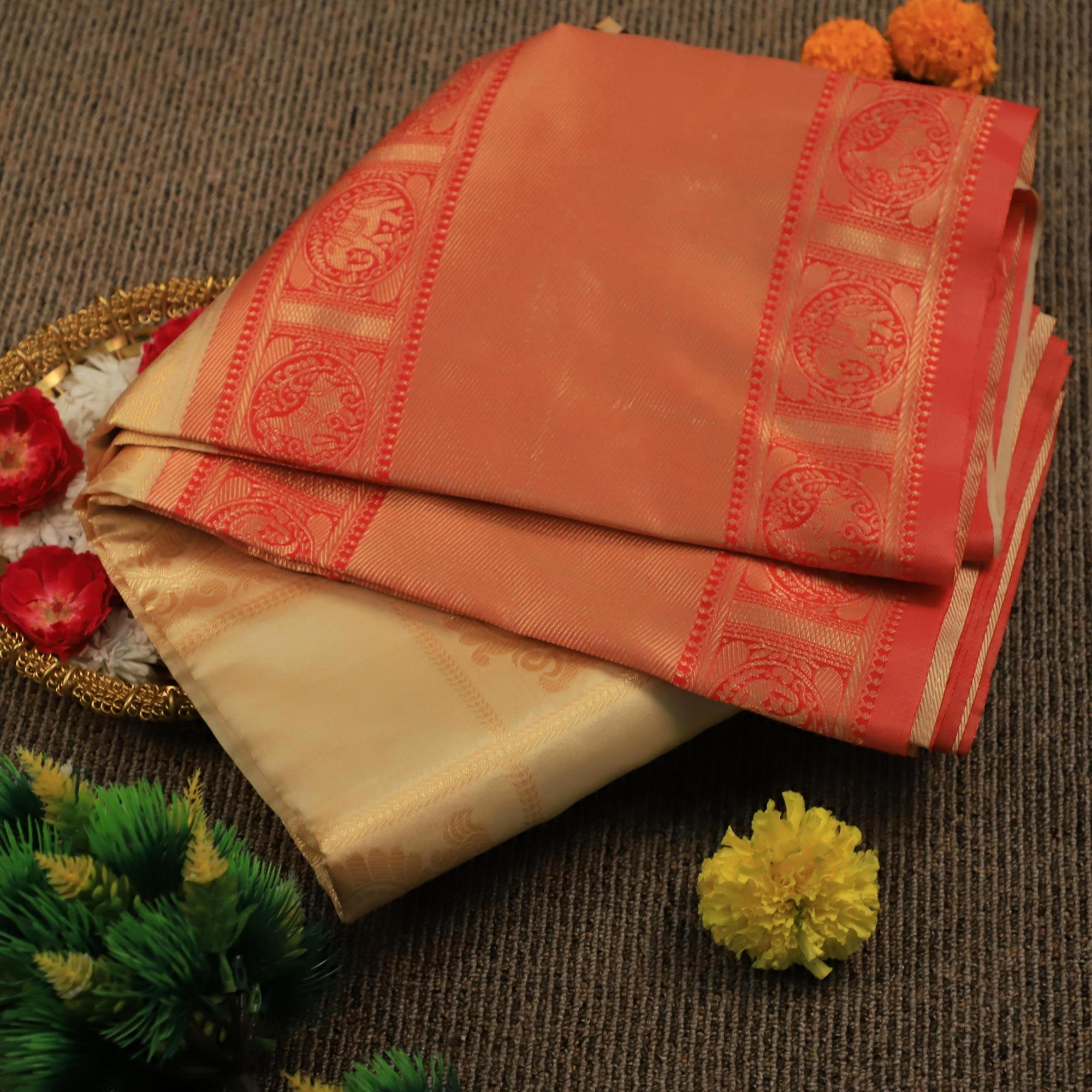Mesmerising Cream Colored Festive Wear Woven Soft Silk Saree - Peachmode