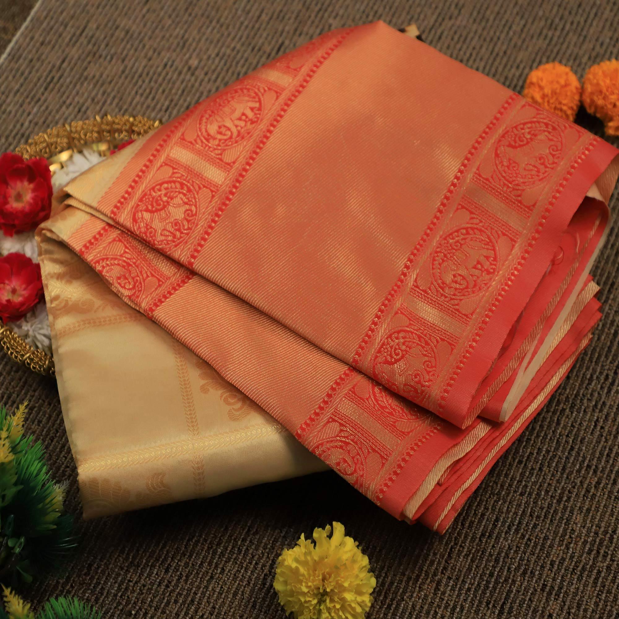 Mesmerising Cream Colored Festive Wear Woven Soft Silk Saree - Peachmode