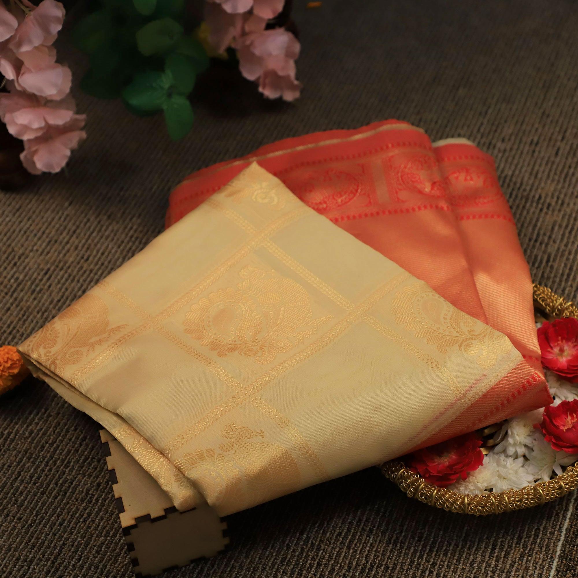 Mesmerising Cream Colored Festive Wear Woven Soft Silk Saree - Peachmode