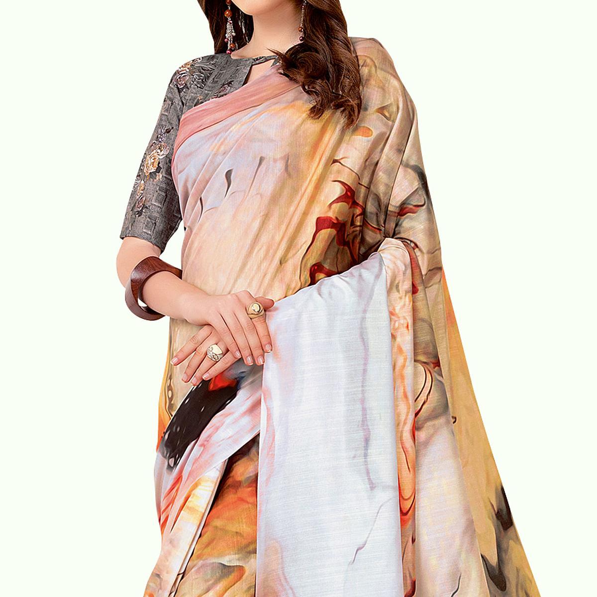 Mesmerising Cream - Multi Colored Casual Wear Printed Art Silk Saree - Peachmode