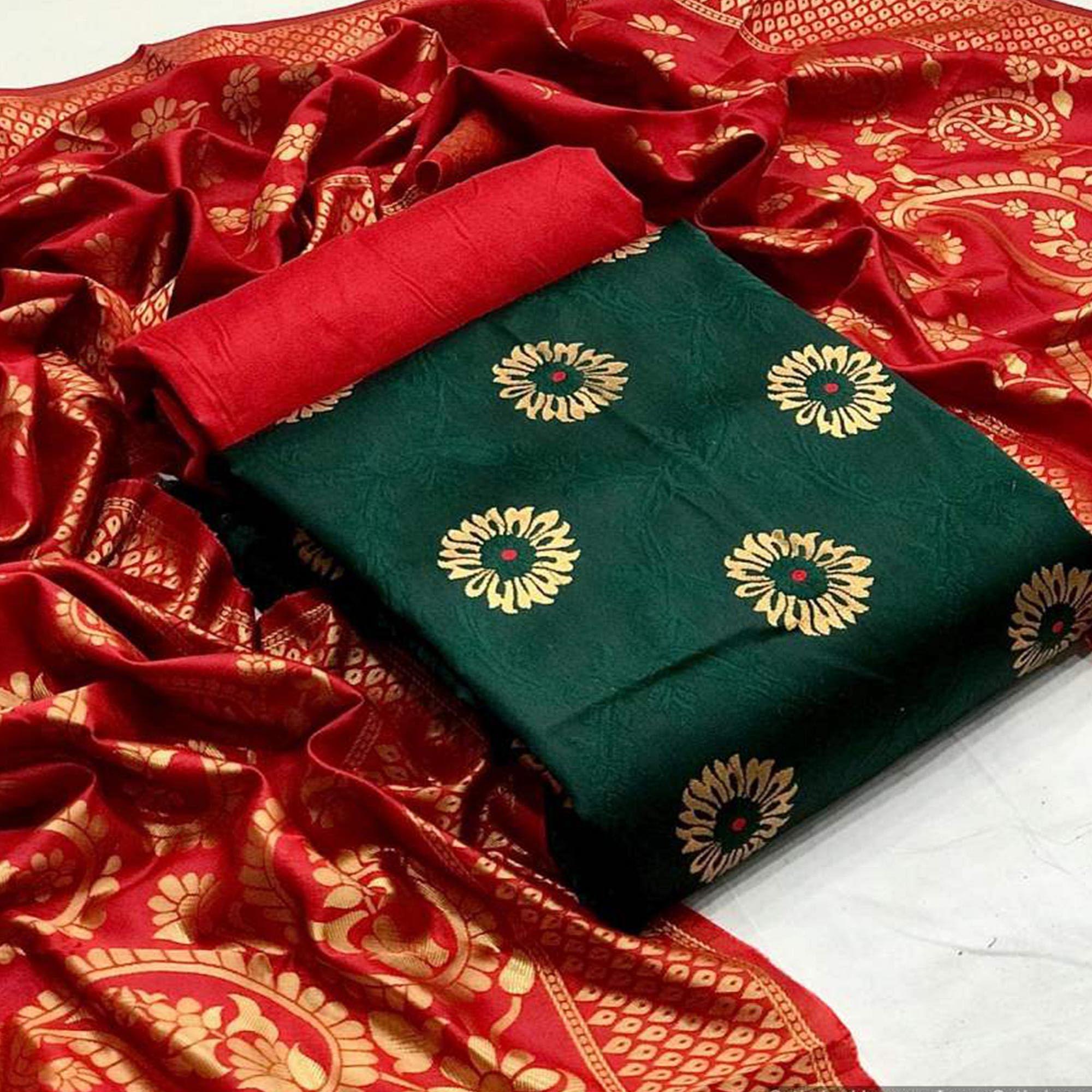 Mesmerising Dark Green Colored Casual Wear Banarasi Silk Dress Material - Peachmode