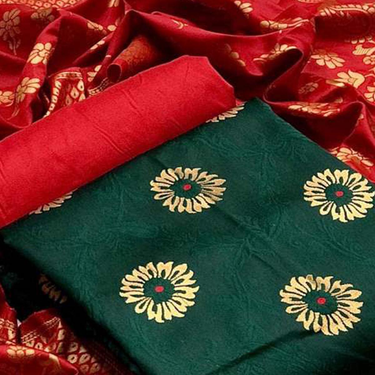 Mesmerising Dark Green Colored Casual Wear Banarasi Silk Dress Material - Peachmode