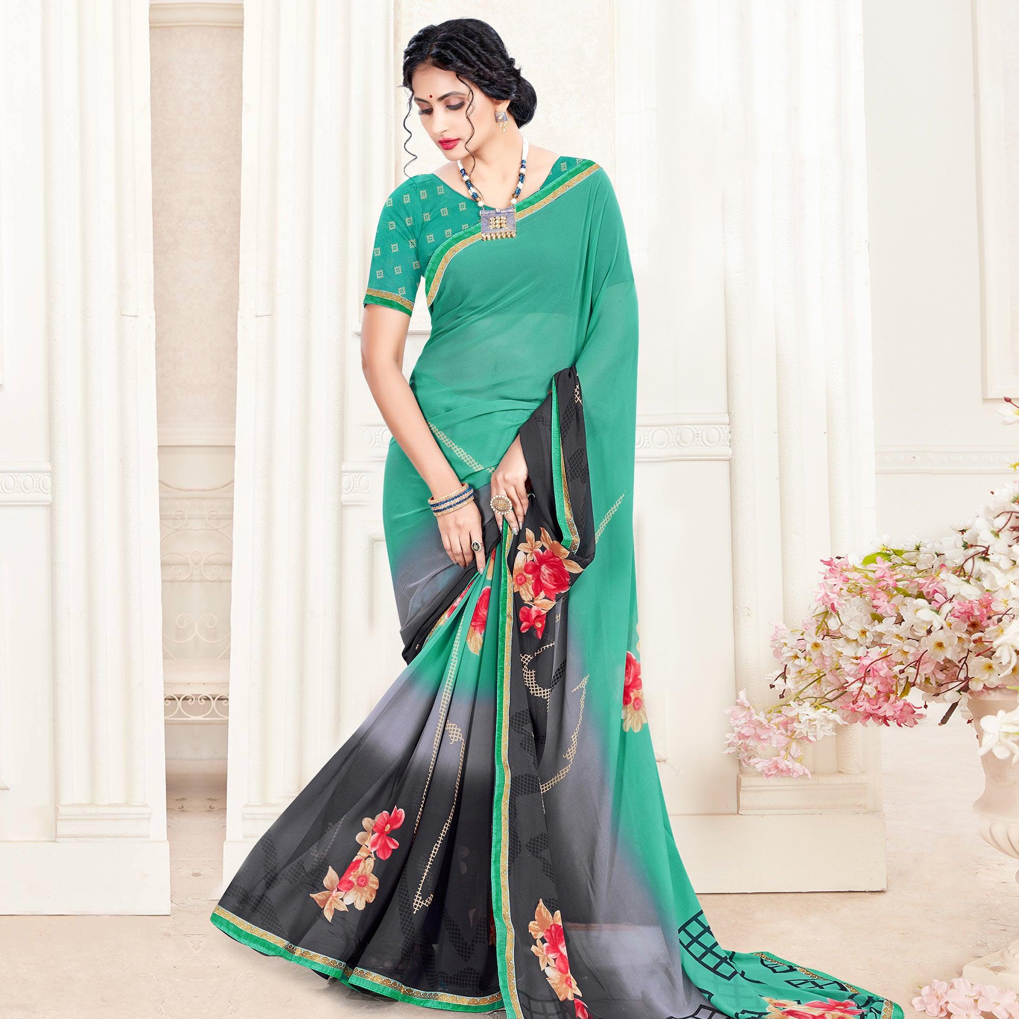 Mesmerising Green Colored Casual Wear Printed Georgette Saree - Peachmode