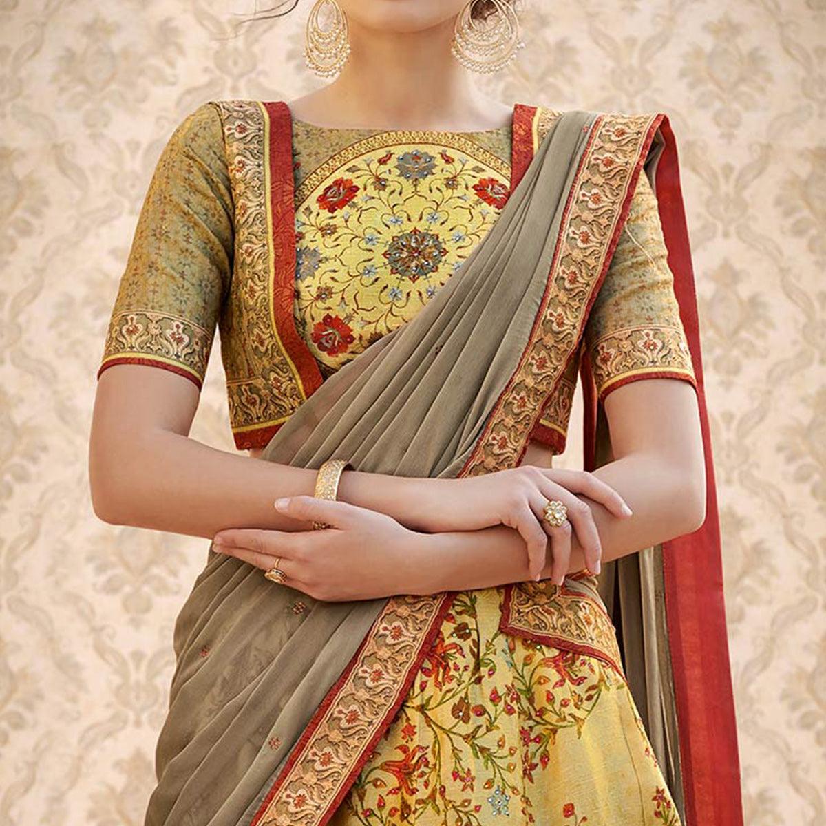 Mesmerising Green Colored Designer Partywear Digital Printed Woven Banarasi Silk Lehenga Choli - Peachmode