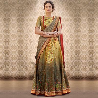 Mesmerising Green Colored Designer Partywear Digital Printed Woven Banarasi Silk Lehenga Choli - Peachmode