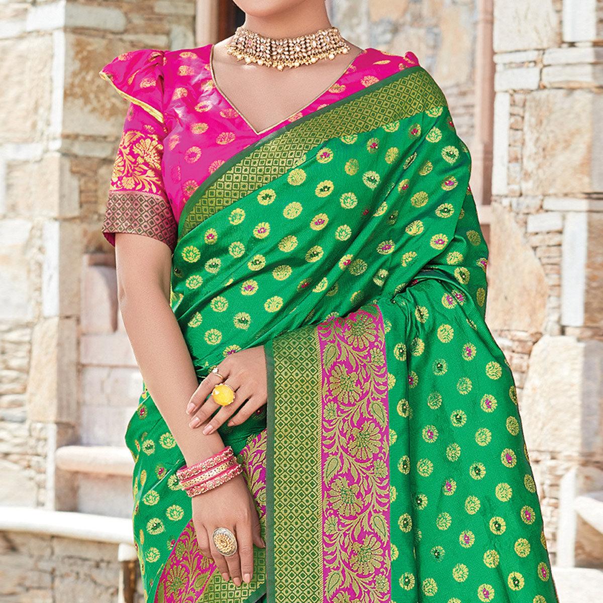 Mesmerising Green Colored Festive Wear Woven Handloom Silk Sareee - Peachmode