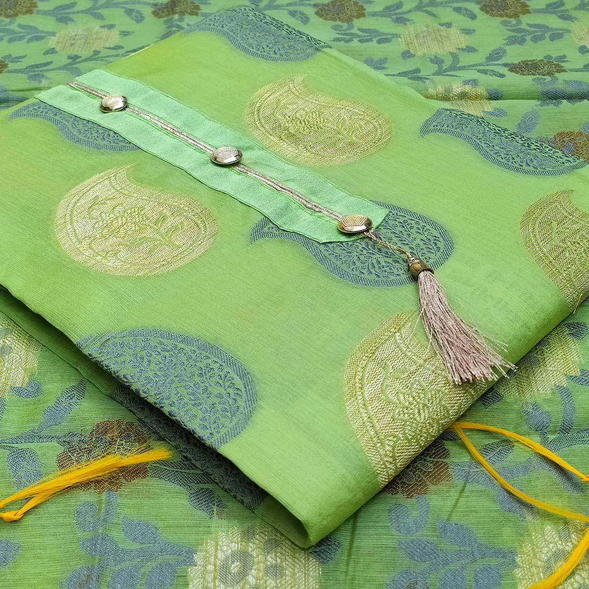 Mesmerising Green Colored Festive Wear Woven Heavy Banarasi Silk Dress Material - Peachmode