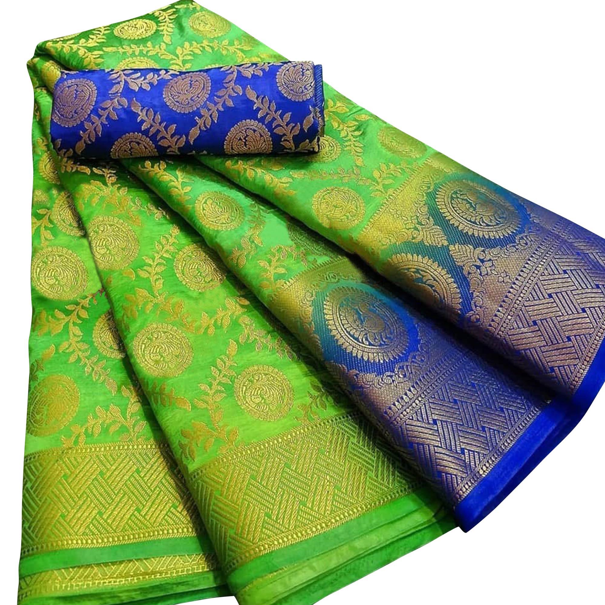 Mesmerising Green Colored Festive Wear Woven Silk Blend Saree - Peachmode