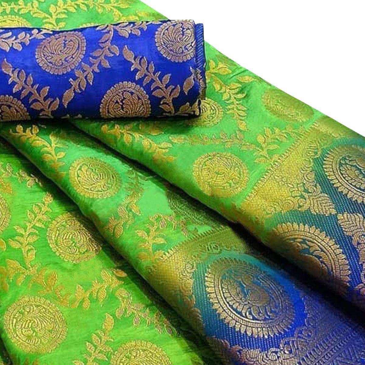 Mesmerising Green Colored Festive Wear Woven Silk Blend Saree - Peachmode