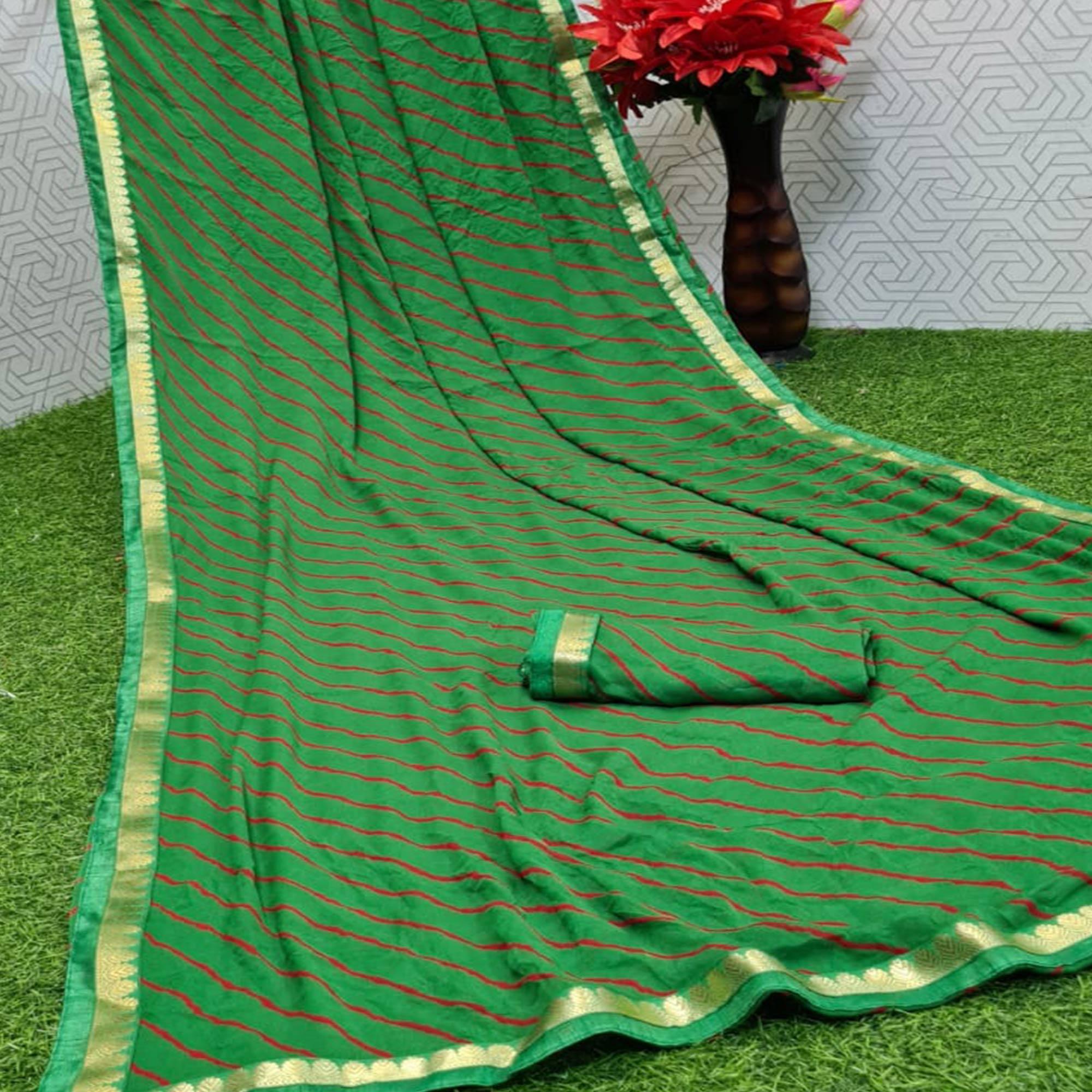 Mesmerising Green Coloured Casual Wear Printed Moss Georgette Saree - Peachmode