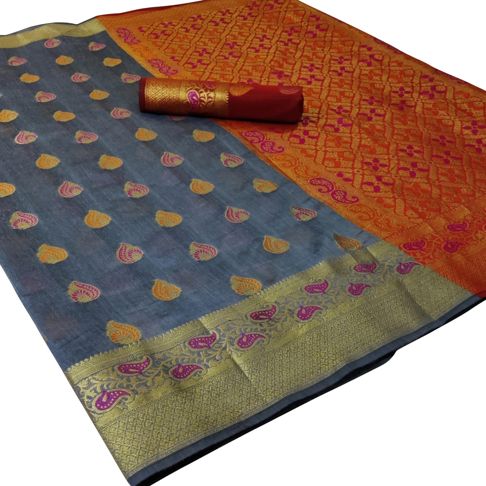 Mesmerising Grey Colored Festive Wear Woven Cotton Saree - Peachmode