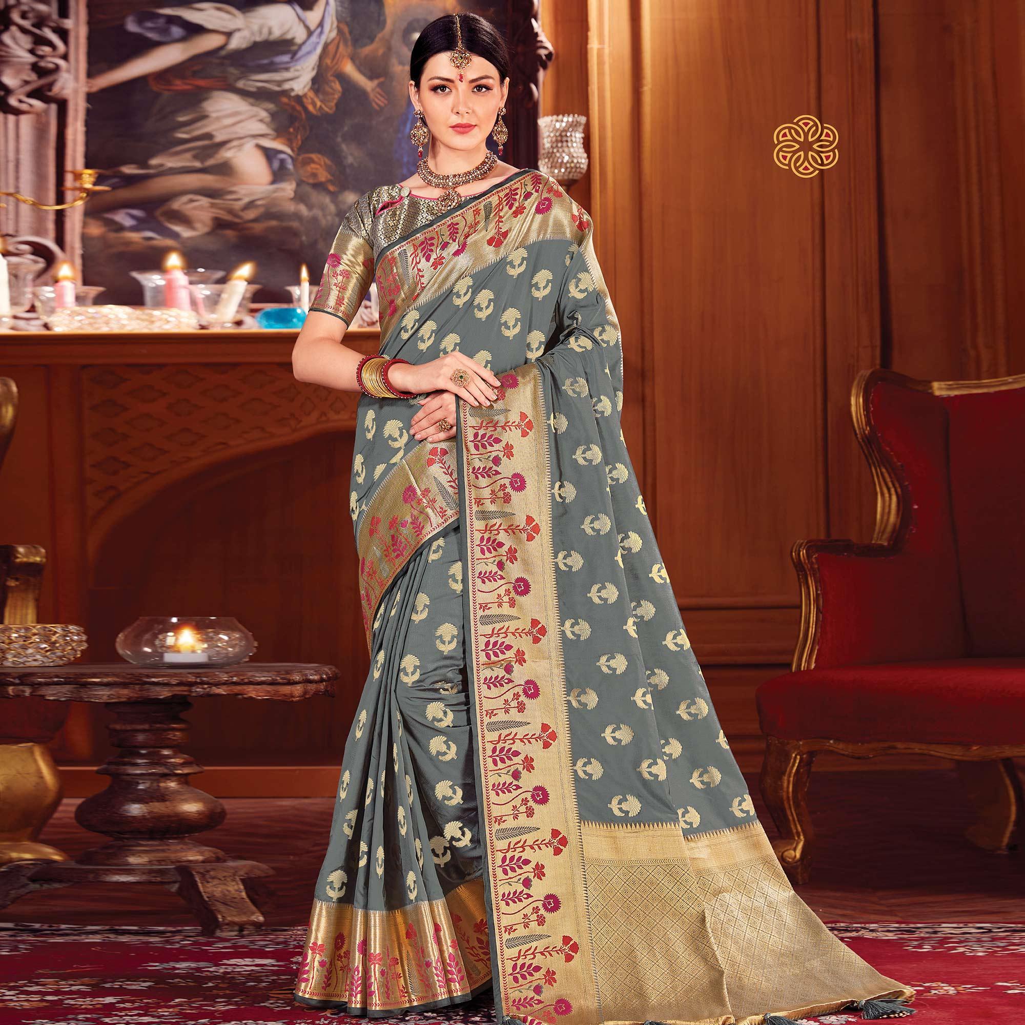 Mesmerising Grey Colored Festive Wear Woven Silk Saree - Peachmode