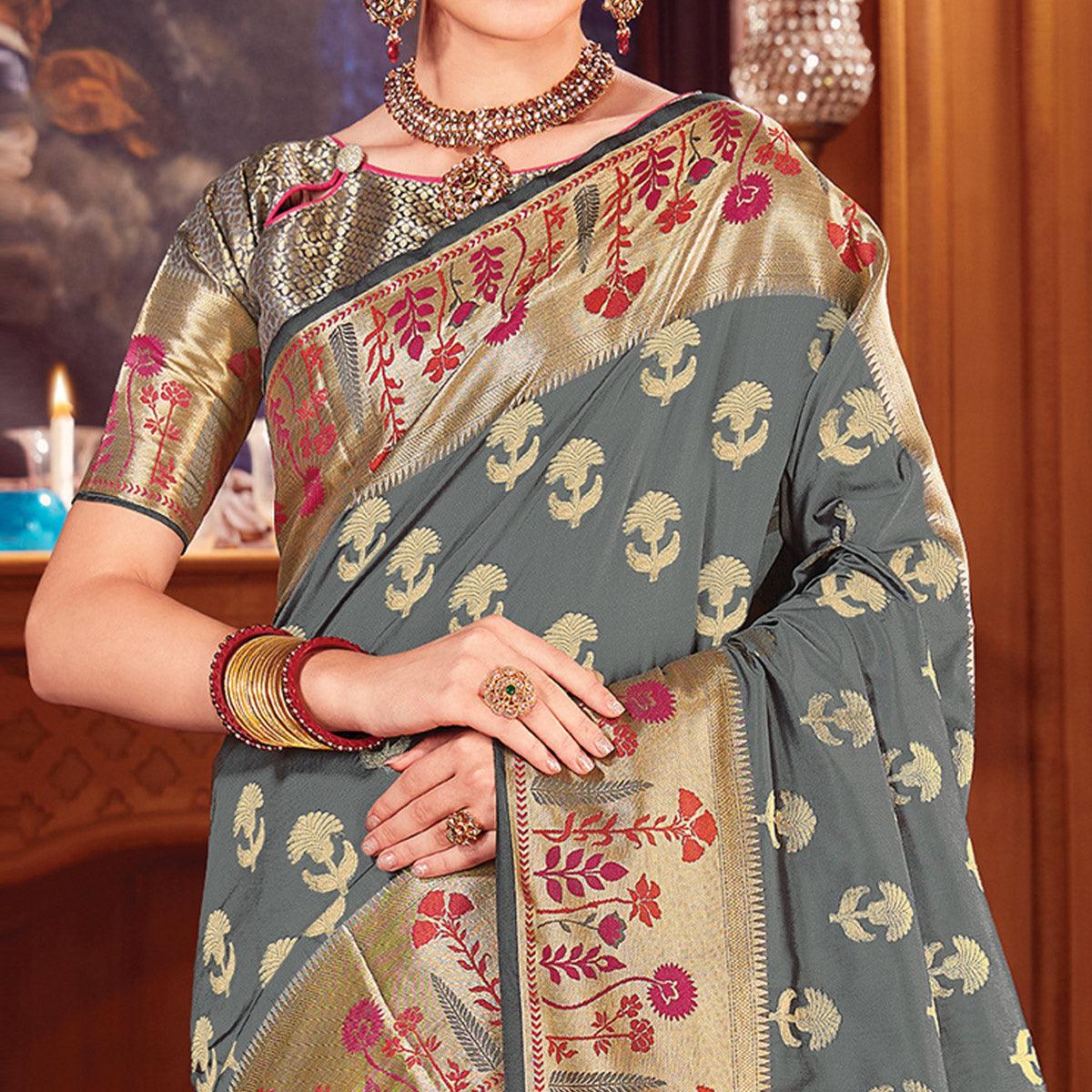 Mesmerising Grey Colored Festive Wear Woven Silk Saree - Peachmode