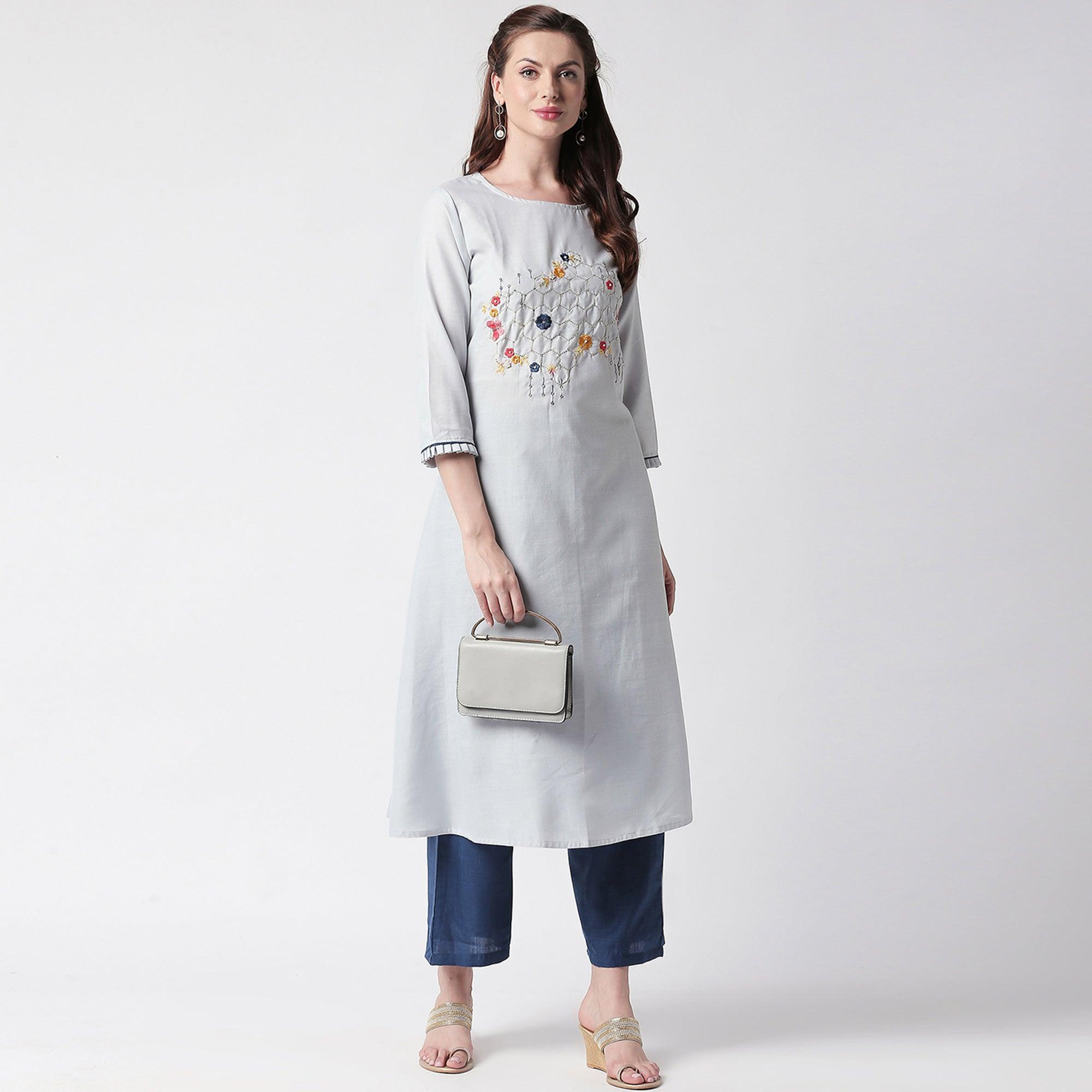 Mesmerising Grey Colored Partywear Embroidered Cotton Kurti-Palazzo Set - Peachmode