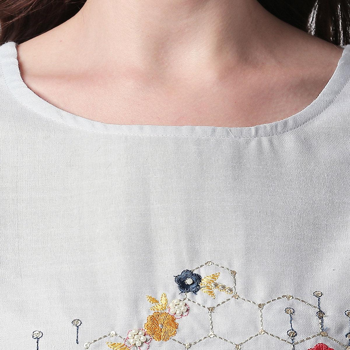 Mesmerising Grey Colored Partywear Embroidered Cotton Kurti-Palazzo Set - Peachmode