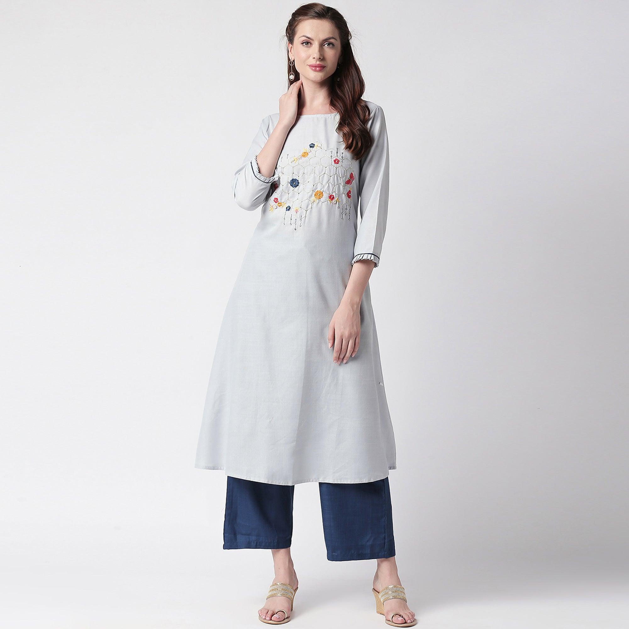 Mesmerising Grey Colored Partywear Embroidered Cotton Kurti-Palazzo Set - Peachmode