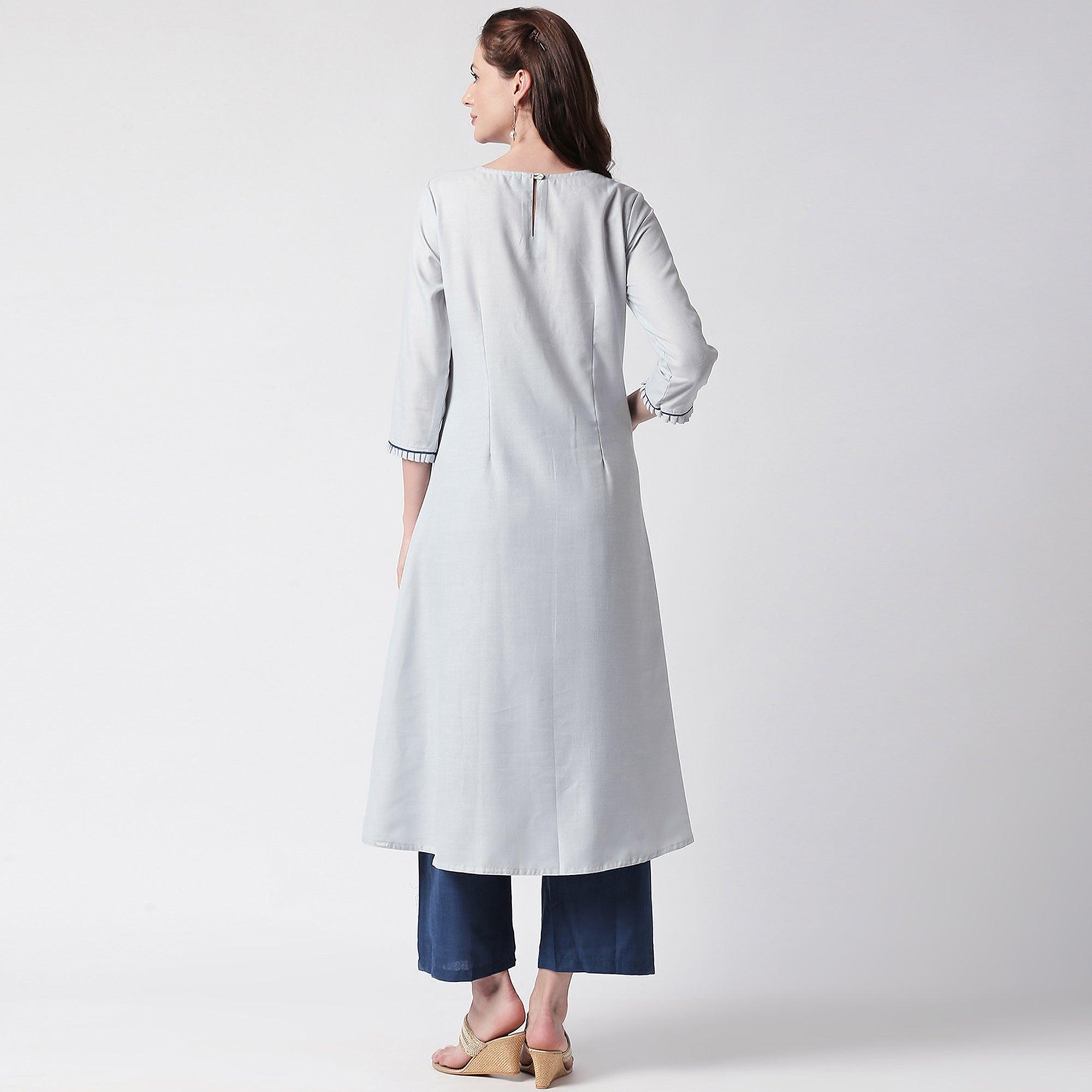 Mesmerising Grey Colored Partywear Embroidered Cotton Kurti-Palazzo Set - Peachmode