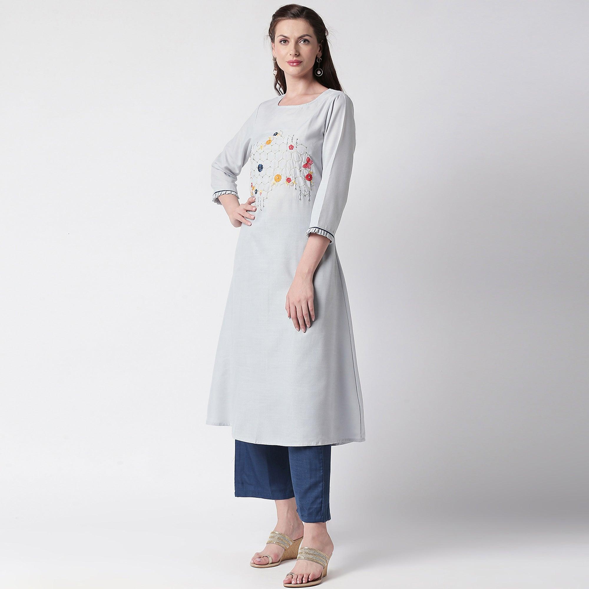 Mesmerising Grey Colored Partywear Embroidered Cotton Kurti-Palazzo Set - Peachmode