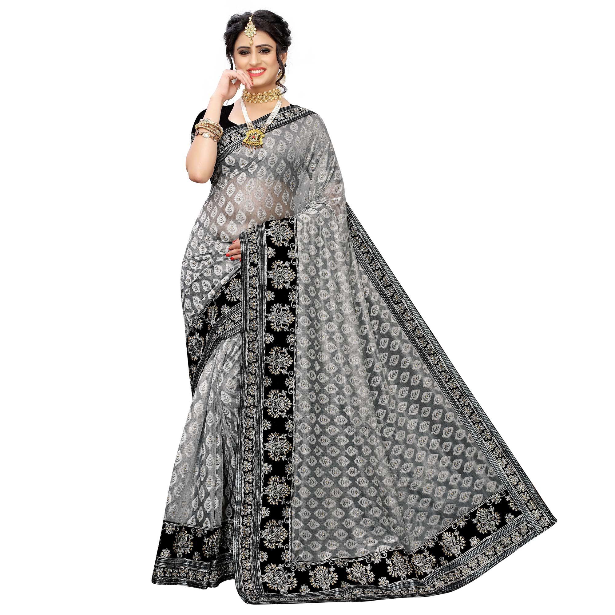 Mesmerising Grey Colored Partywear Embroidered Jacquard Saree - Peachmode