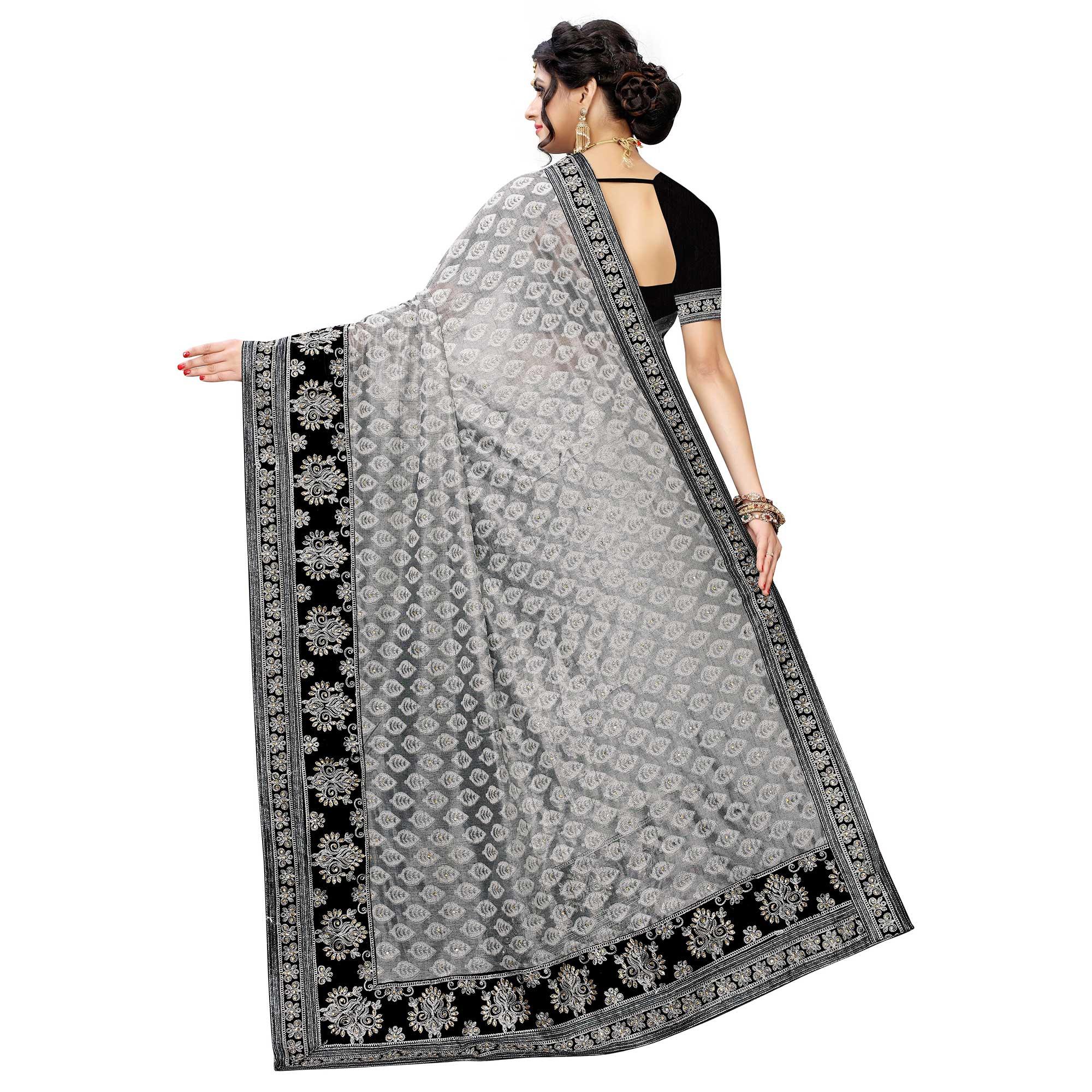 Mesmerising Grey Colored Partywear Embroidered Jacquard Saree - Peachmode