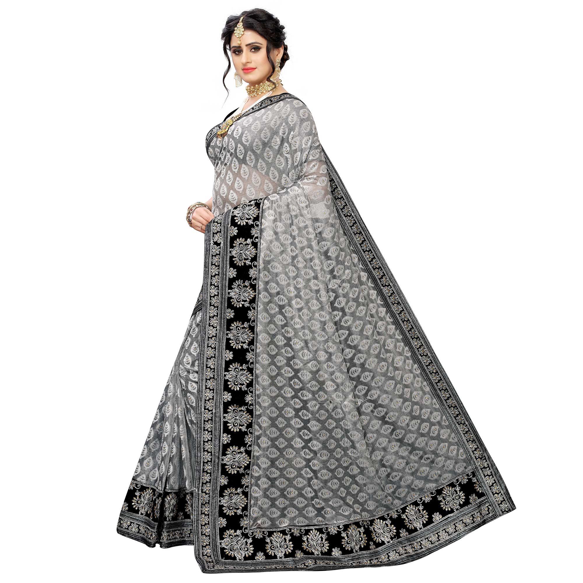 Mesmerising Grey Colored Partywear Embroidered Jacquard Saree - Peachmode