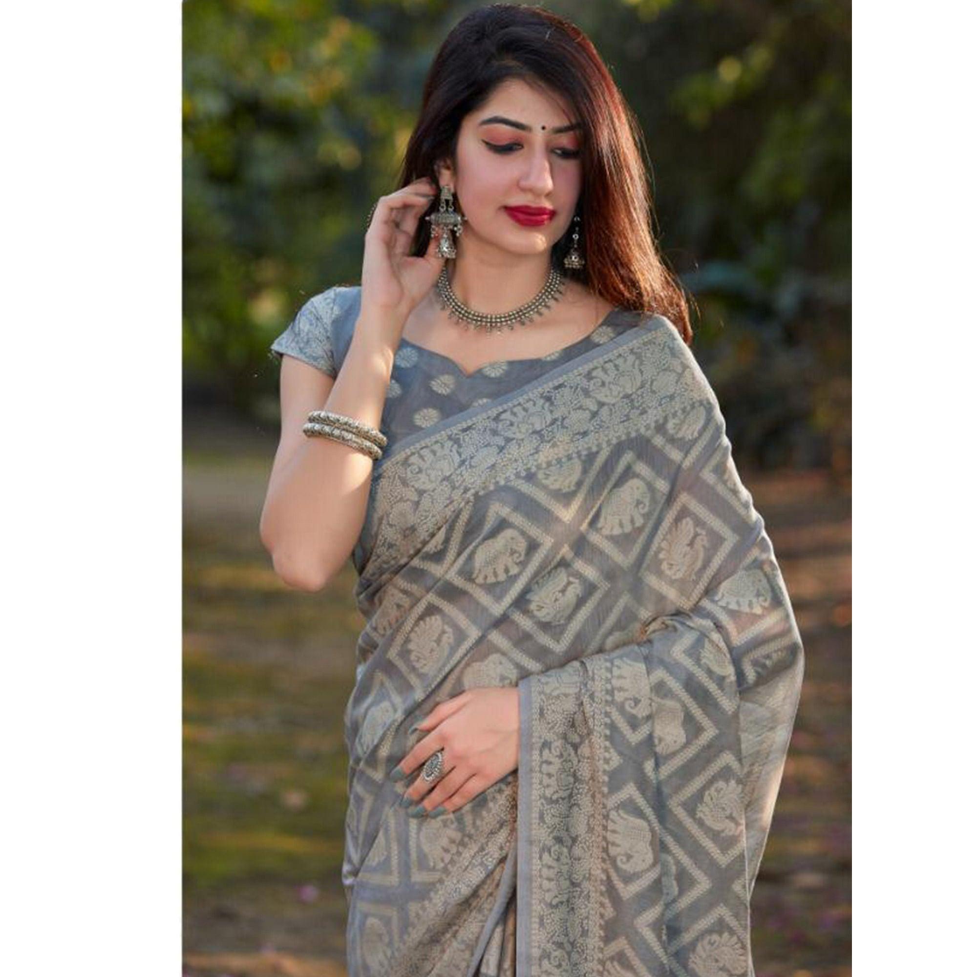 Mesmerising Grey Coloured Casual Wear Printed Lakhnavi Cotton Silk - Peachmode