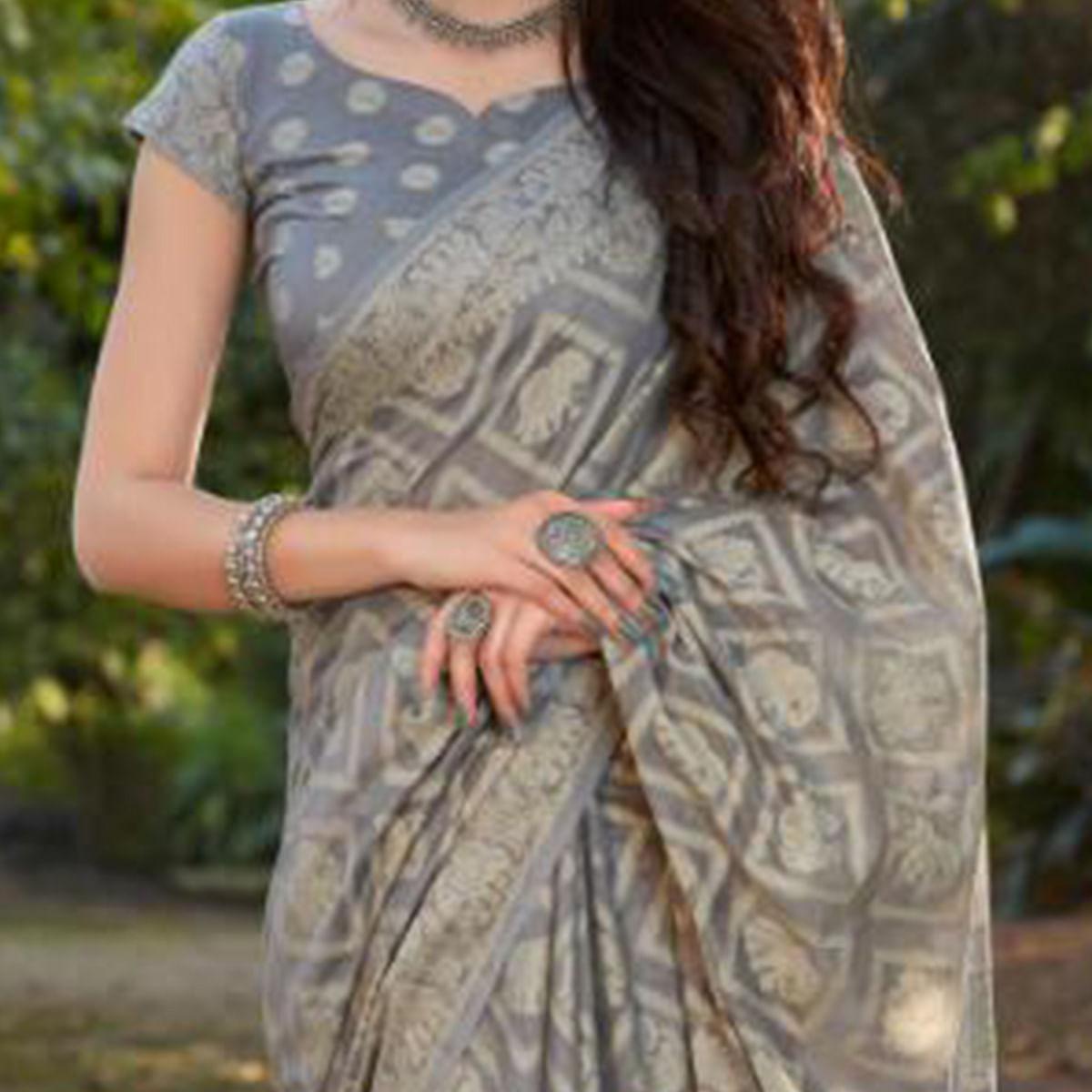 Mesmerising Grey Coloured Casual Wear Printed Lakhnavi Cotton Silk - Peachmode