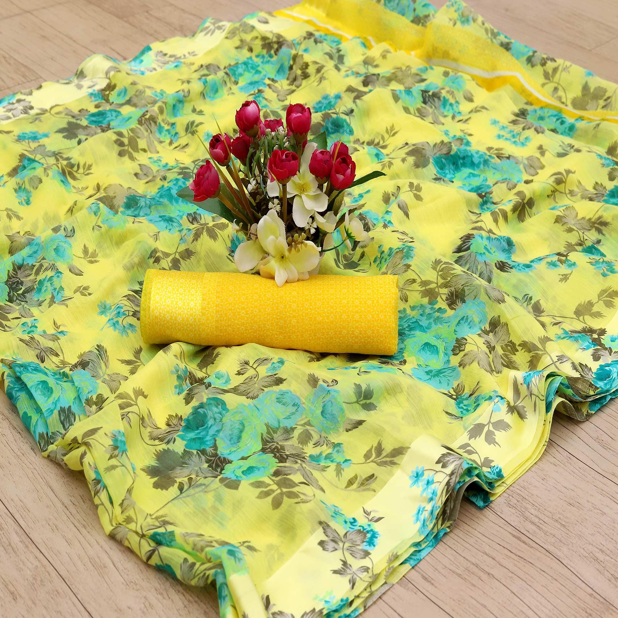Mesmerising Lemon Yellow Colored Casual Wear Floral Printed Cotton Blend Saree - Peachmode