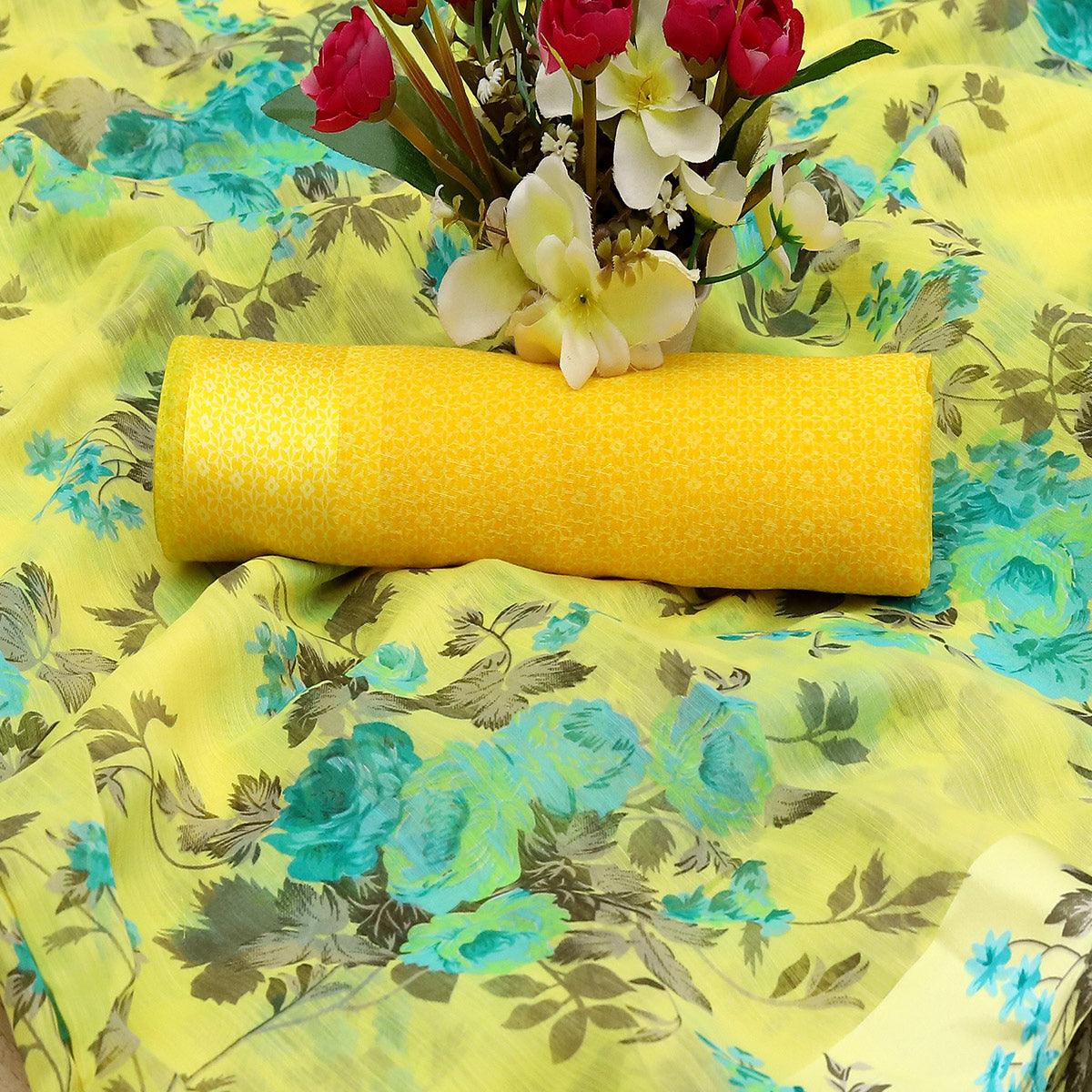 Mesmerising Lemon Yellow Colored Casual Wear Floral Printed Cotton Blend Saree - Peachmode
