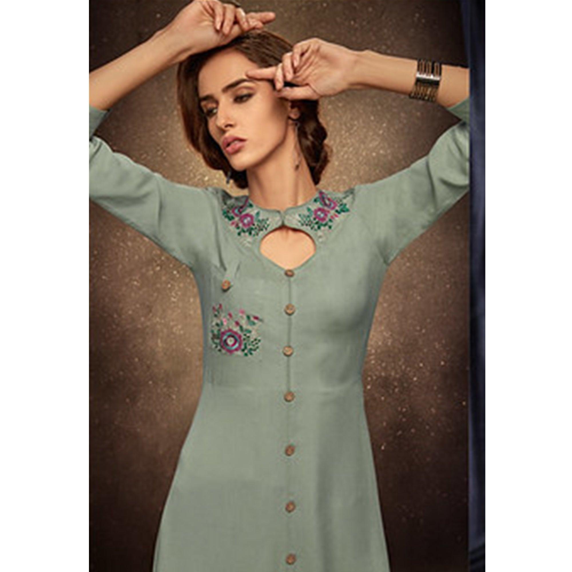 Mesmerising Light Pastel Green Colored Partywear Embroidered Rayon Long Kurti - Peachmode