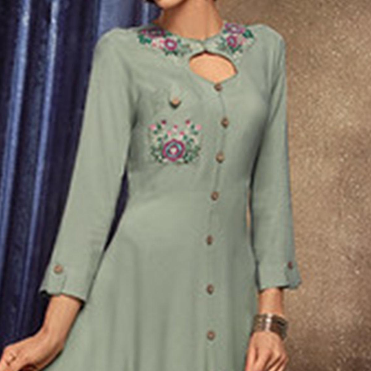 Mesmerising Light Pastel Green Colored Partywear Embroidered Rayon Long Kurti - Peachmode
