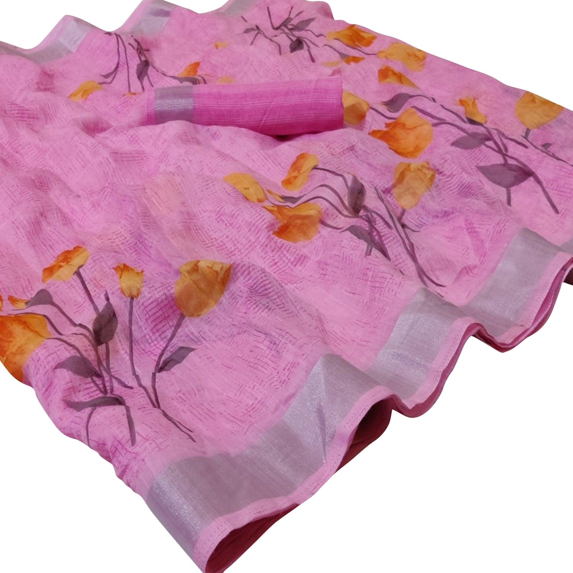Mesmerising Light Purple Colored Casual Floral Printed Linen Saree - Peachmode
