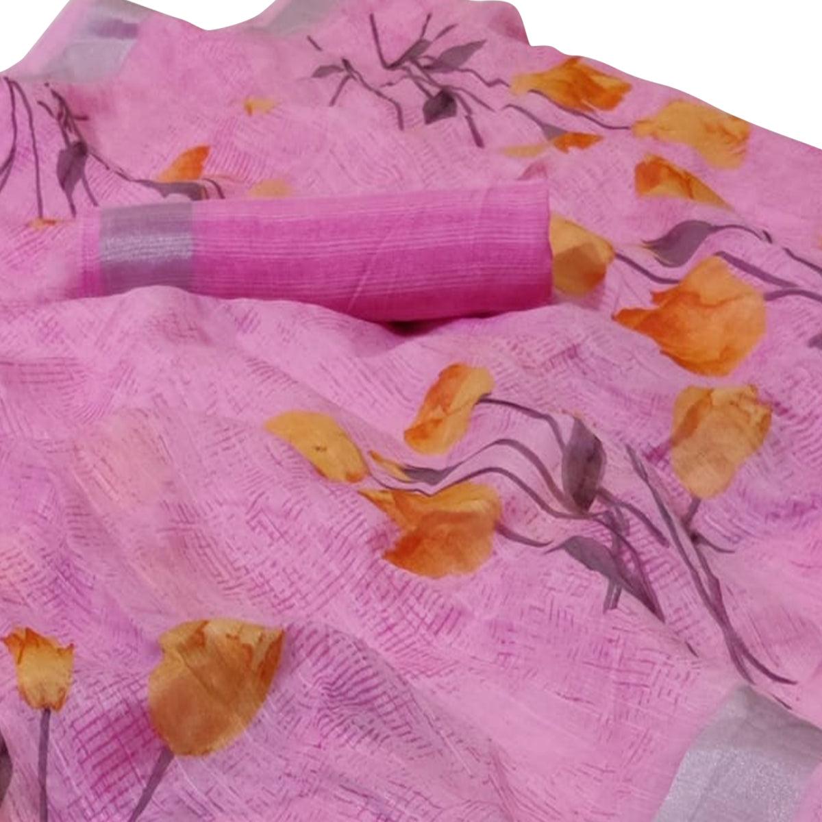 Mesmerising Light Purple Colored Casual Floral Printed Linen Saree - Peachmode