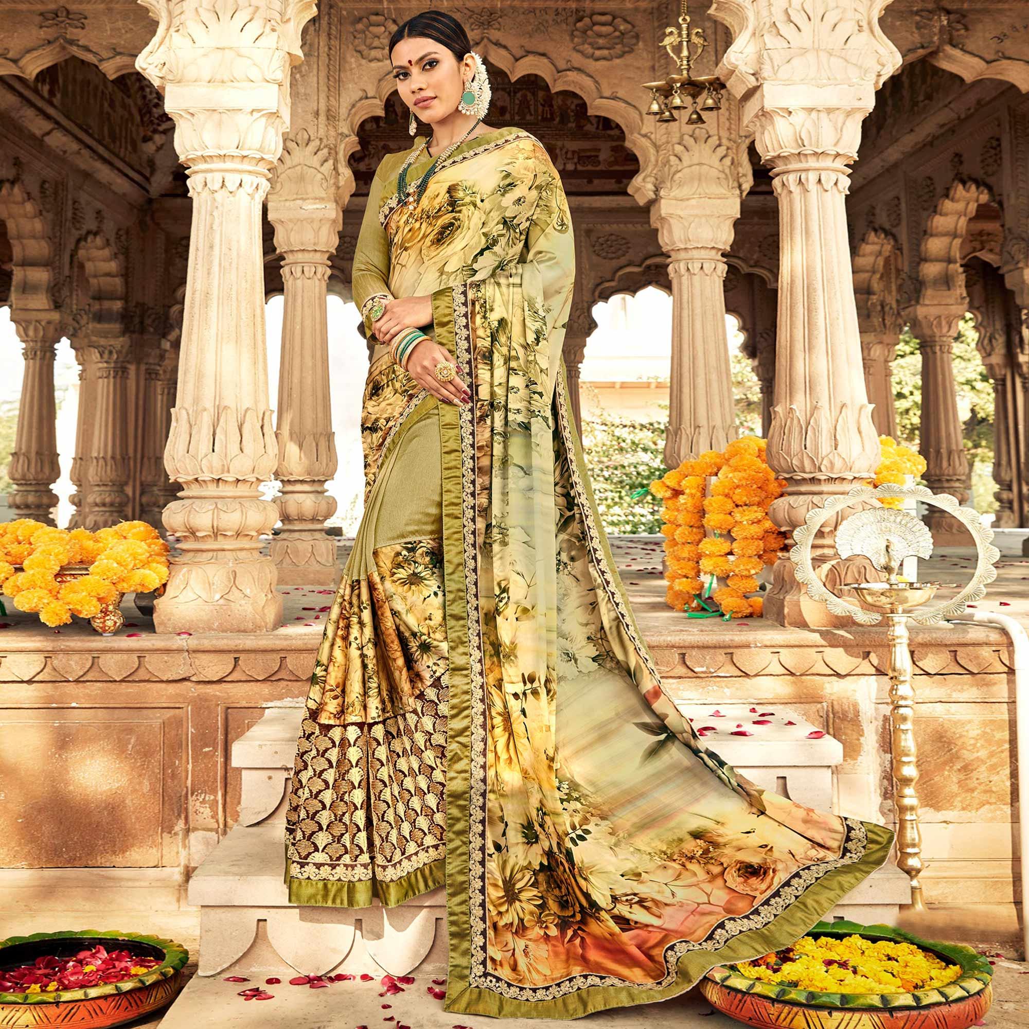 Mesmerising Ligth Olive Green Colored Partywear Floral Foil Printed Georgette Saree - Peachmode