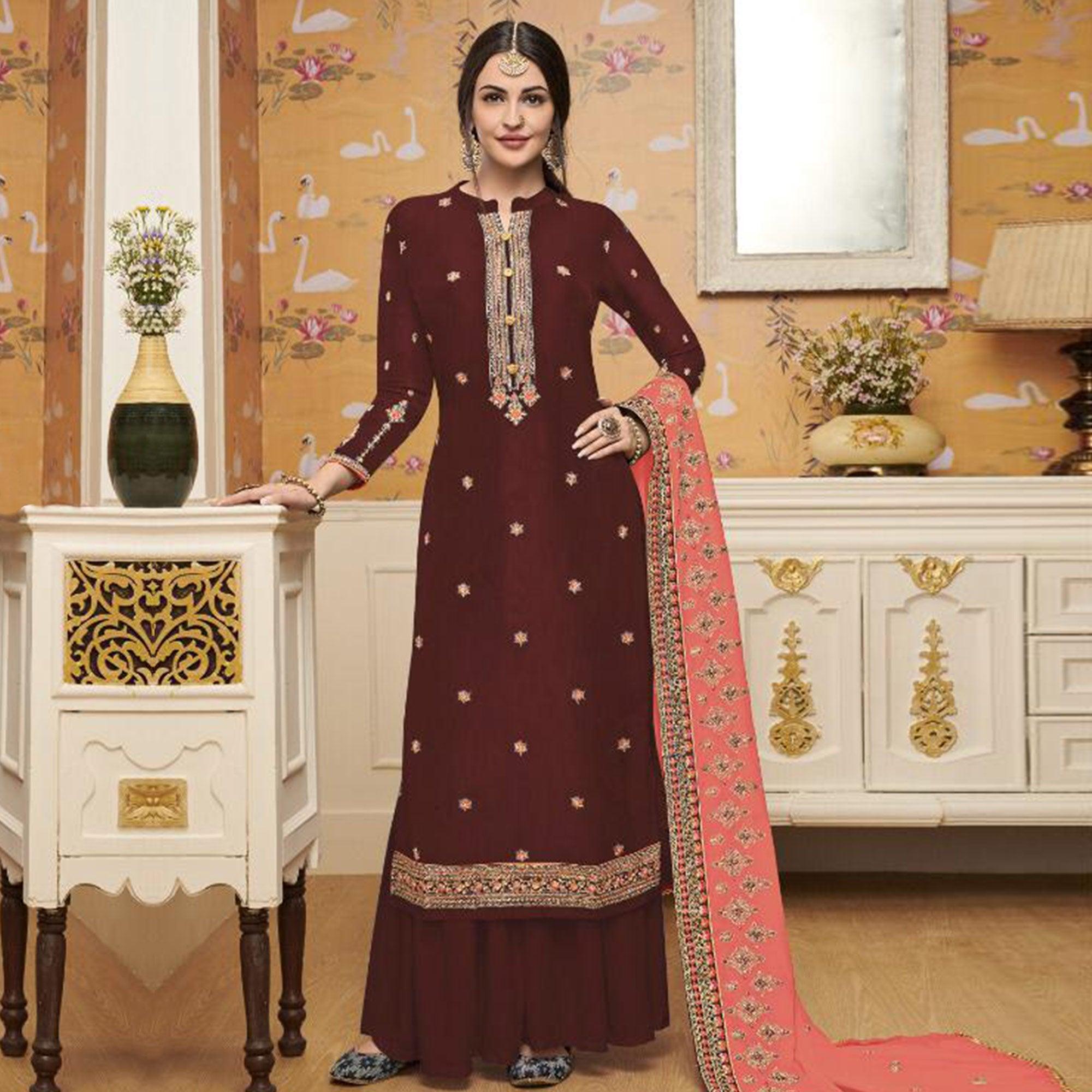 Mesmerising Maroon Colored Partywear Embroidered Crepe Palazzo Suit - Peachmode
